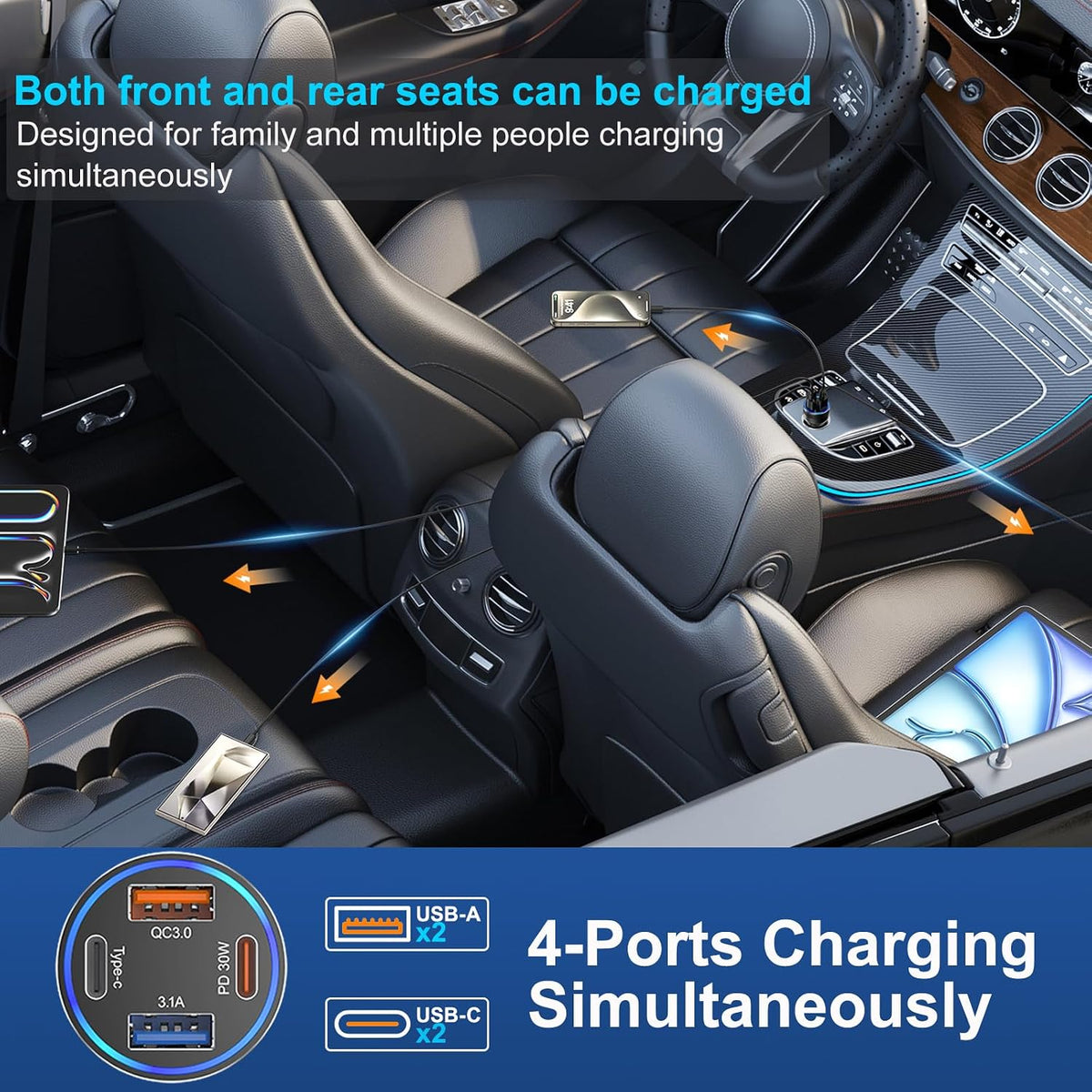 65W USB C Car Charger, 4-Port Cigarette Lighter Adapter PD30W Fast Charging