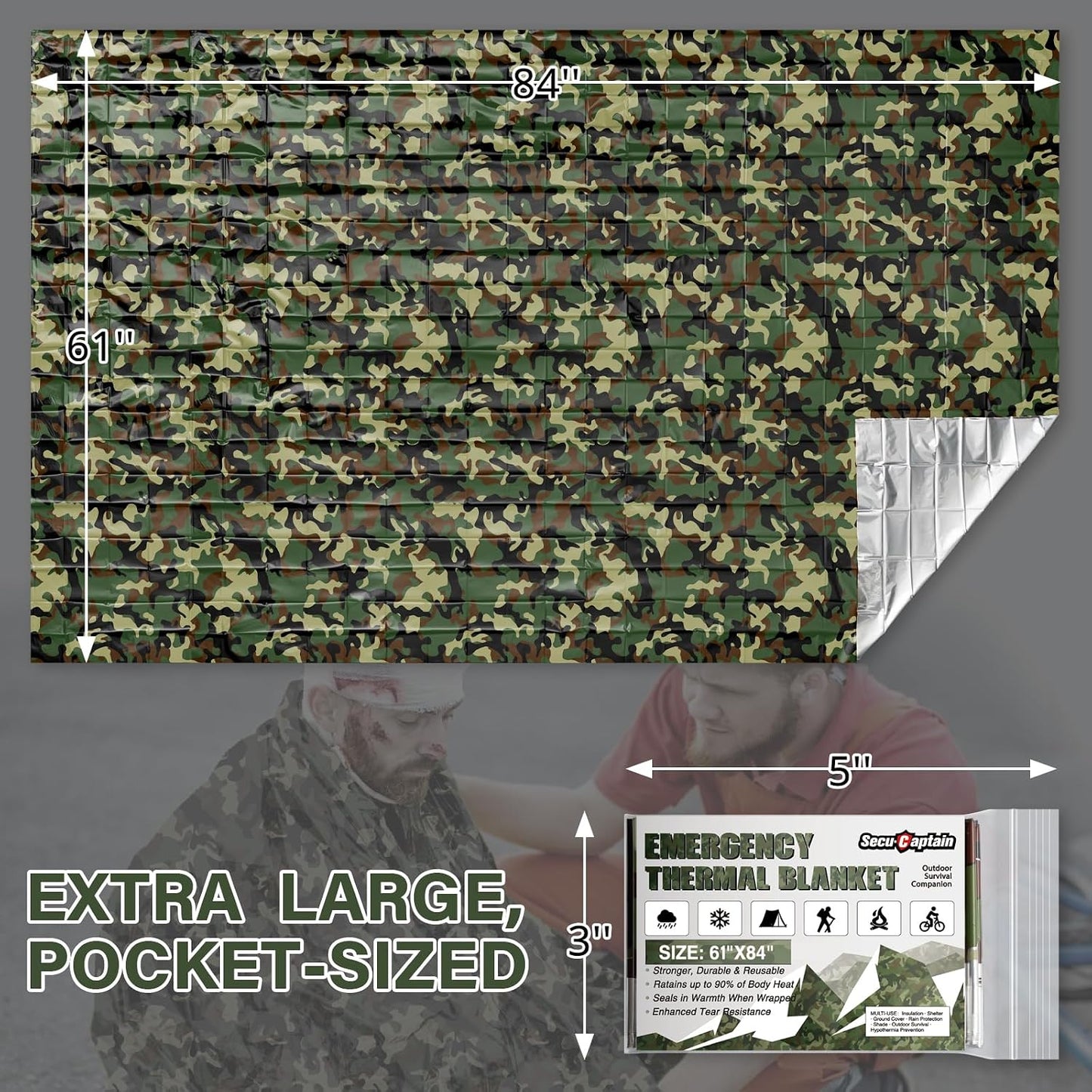 SecuCaptain Survival Emergency Thermal Blankets: Thicken 28um Space Mylar Blanket Kit for Outdoor Cold Winter Camping, Hiking, Car Bug Out Bag, or First Aid - Woodland Camo 4 Pack