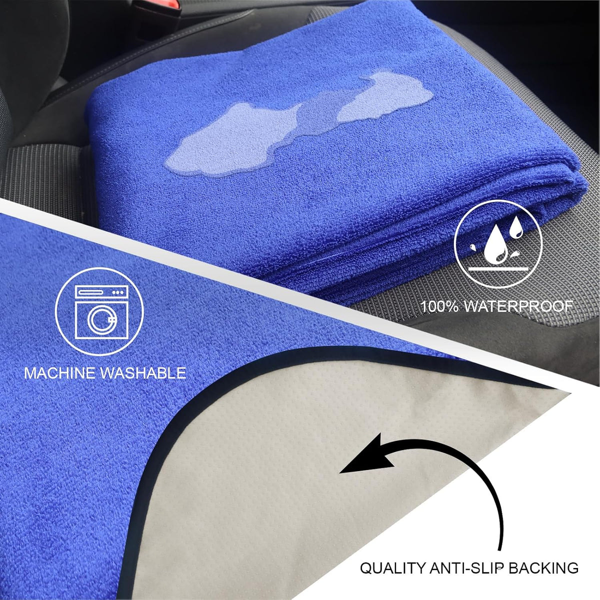 Sweat Towel Car Seat Cover Protector Front Seats for Gym Workout, Running, Swimming, Beach and Hiking, Waterproof Universal Seat Cover for Car, Trucks, Van & SUV (1, Blue, Rear Seat)