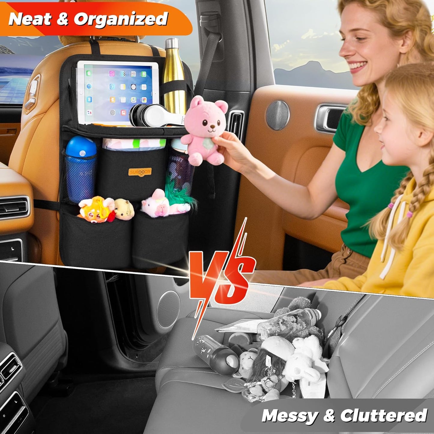 SURDOCA Backseat Car Organizer with Foldable Tray for Kids & Adults – NEW MODEL Seat Storage with Touchable Tablet Pocket, Roadtrip Essentials – Fits Most Vehicles