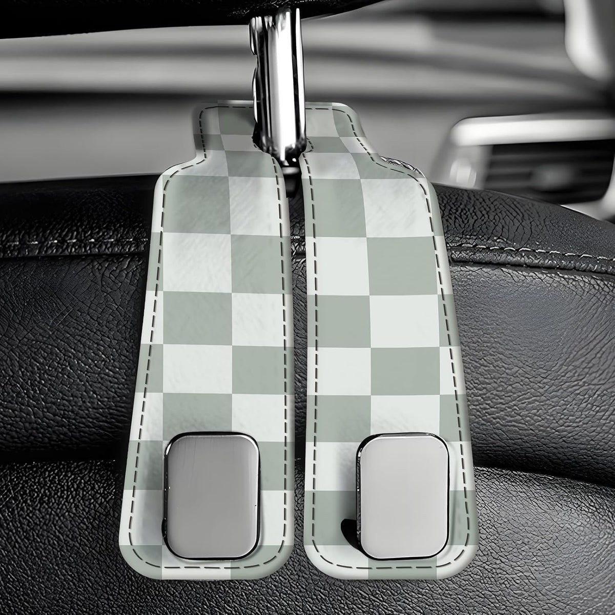 Car Seat Back Storage Headrest Hook, Premium Leather Double Metal Hook, Hanger Storage Organizer for Purse Cloth Bag, Car Interior Accessories Cute Green Plaid