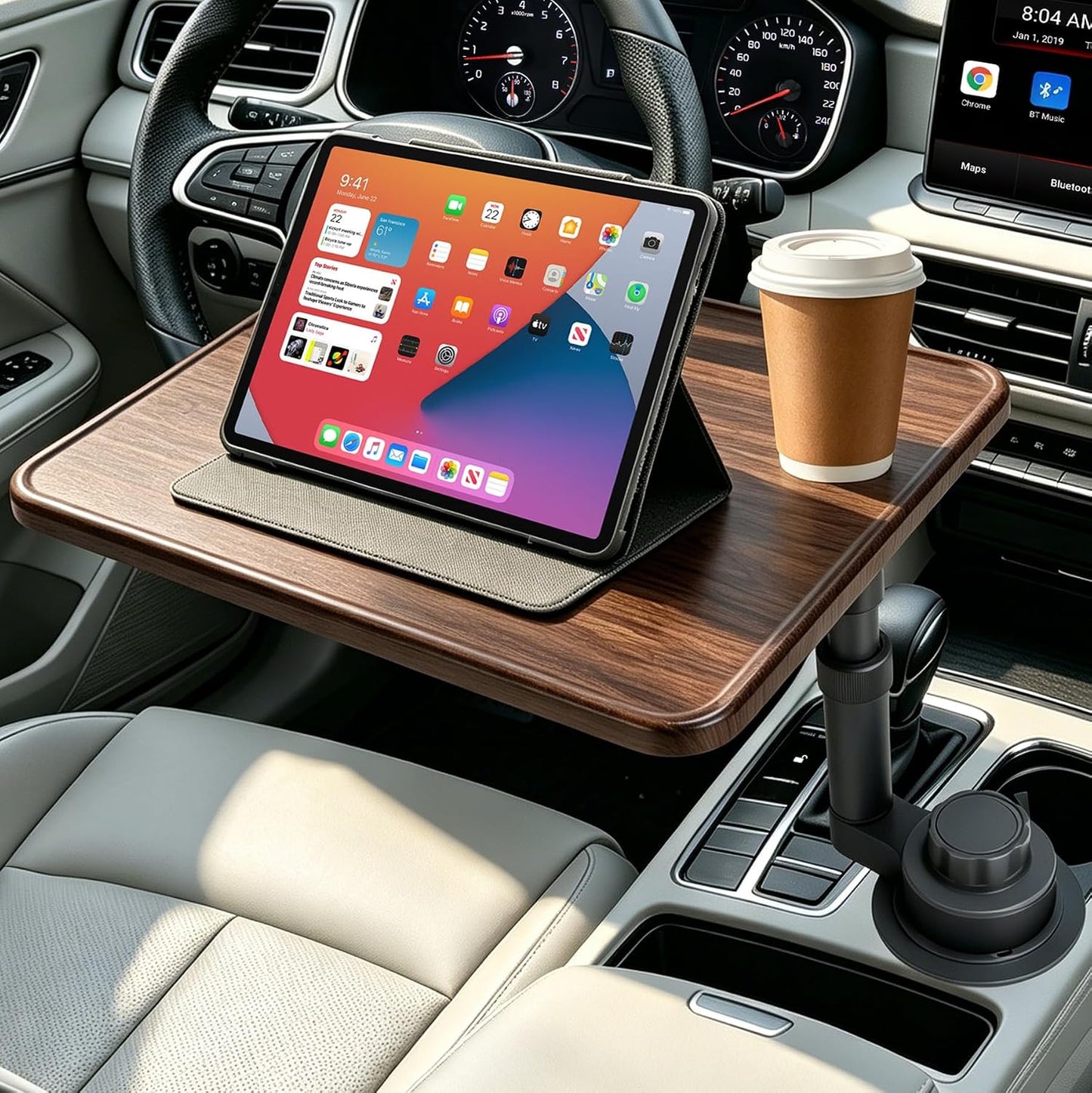 Car Desk for Laptop & Dining, 360° Swivel Height Adjustable Cup Holder Tray | Tool-Free Car Food Tray, Heat-Resistant Wood Tabletop, Fits 2.75–3.85" Cup Holders for Cars, SUVs, Trucks & Road Trips