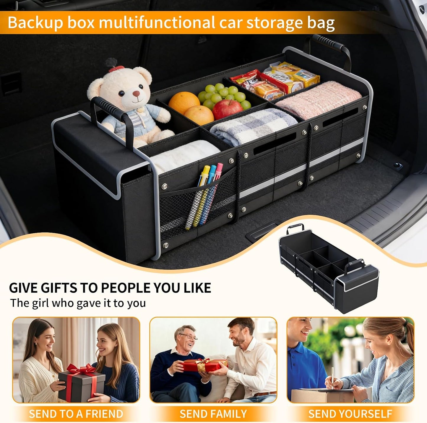 Car Trunk Organizer with Cooler Bag, Collapsible Multi-Compartment Storage Organizer for SUV Truck, Durable Car Cargo Organizer for Groceries Camping Travel
