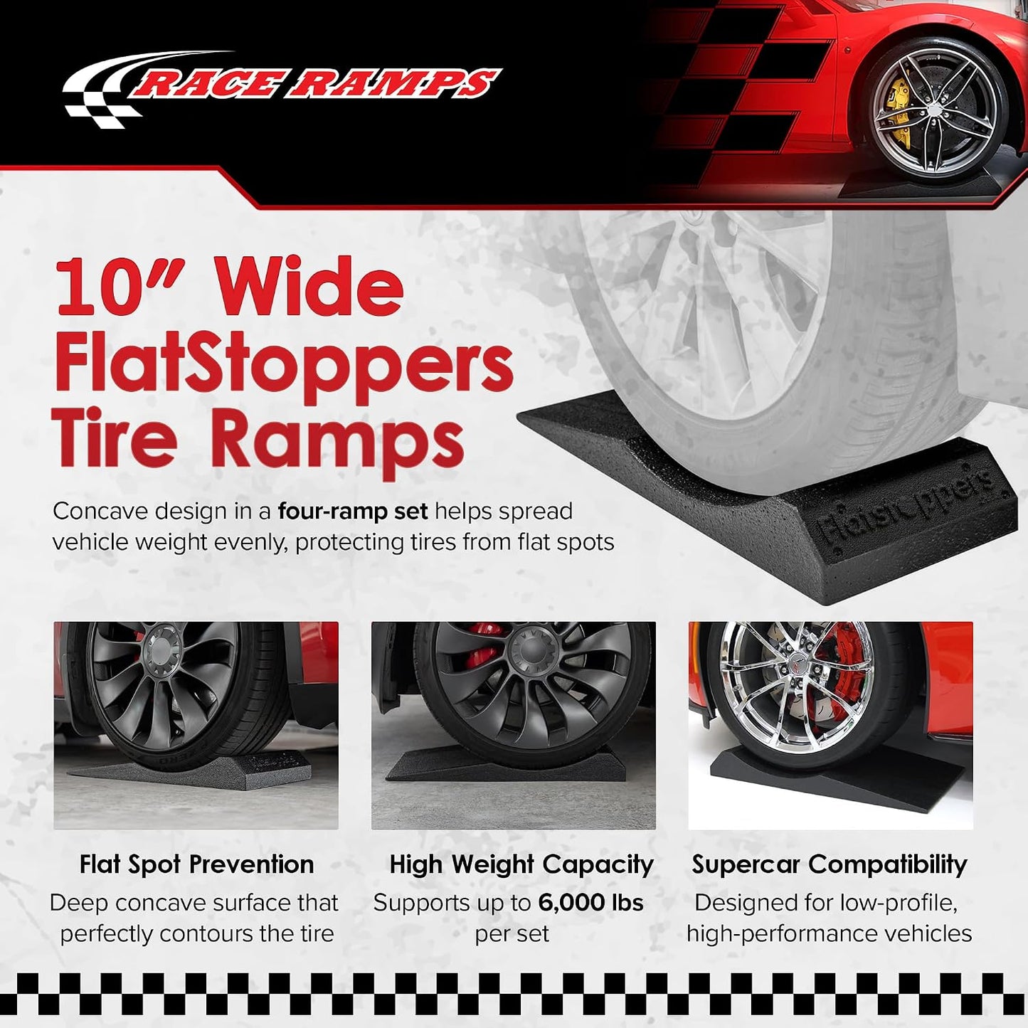 Race Ramps FlatStoppers Tire Saver Ramps, Non-Skid Car Wheel Storage Pads, High-Density Foam to Prevent Flat Spots, 10 Inch Wide, Set of 4