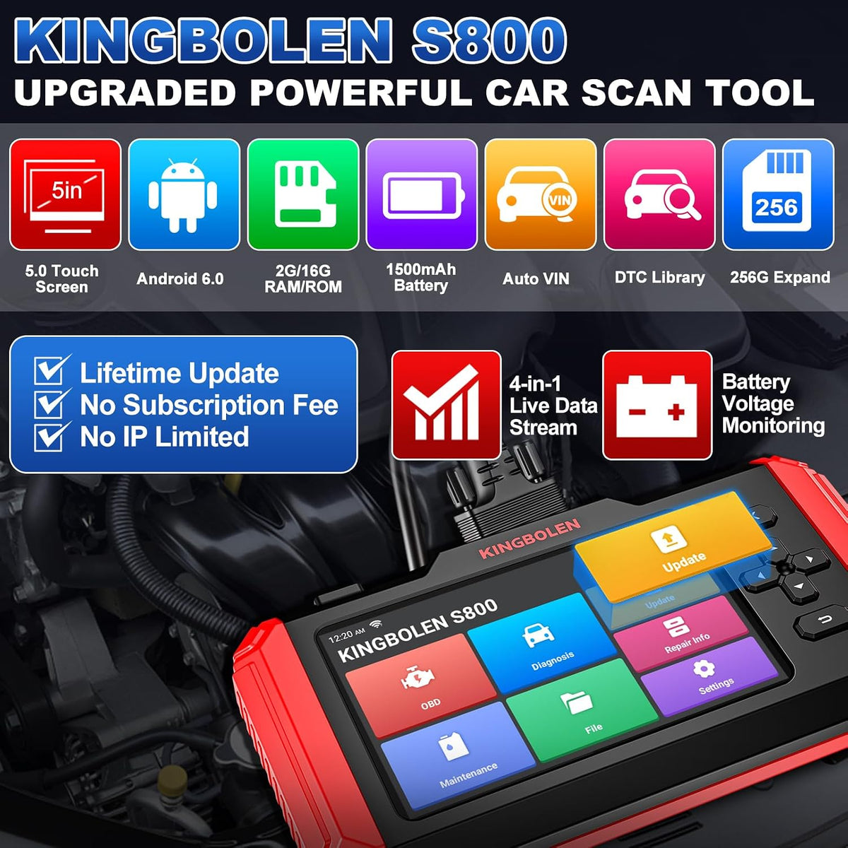 KINGBOLEN OBD2 Scanner S800 Car Scanner, OBD2 Diagnostic Scan Tool with 15 Reset, Oil Brake Throttle Service, Engine ABS SRS Transmission Code Reader, Battery Test, AutoVIN, Lifetime No Charge Update