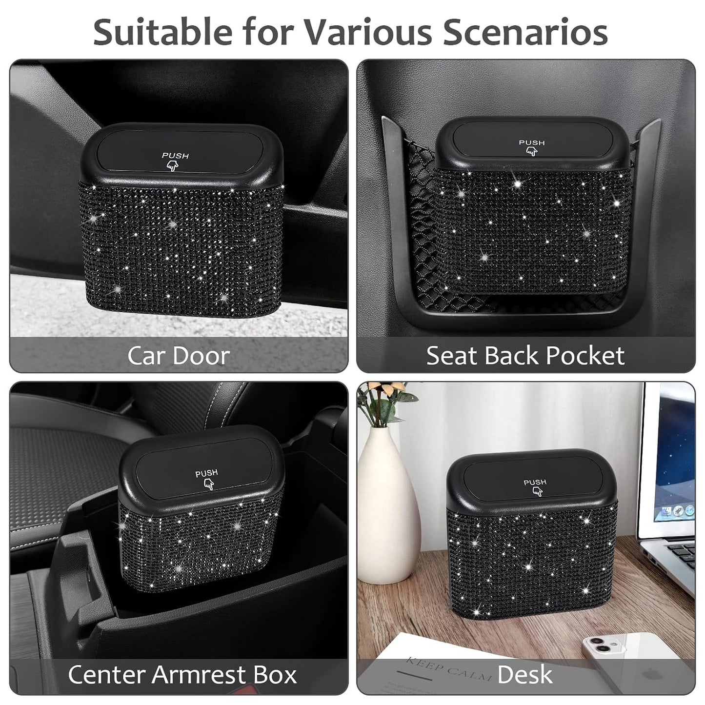 Accmor 2 Pack Bling Car Trash Can with Lid, Small Garbage Can, Auto Garbage Storage Bin with 90pcs Garbage Bags, Sparkling Crystal Trash Bags Holder for Car, Home, Office Storage (Black Rhinestone)