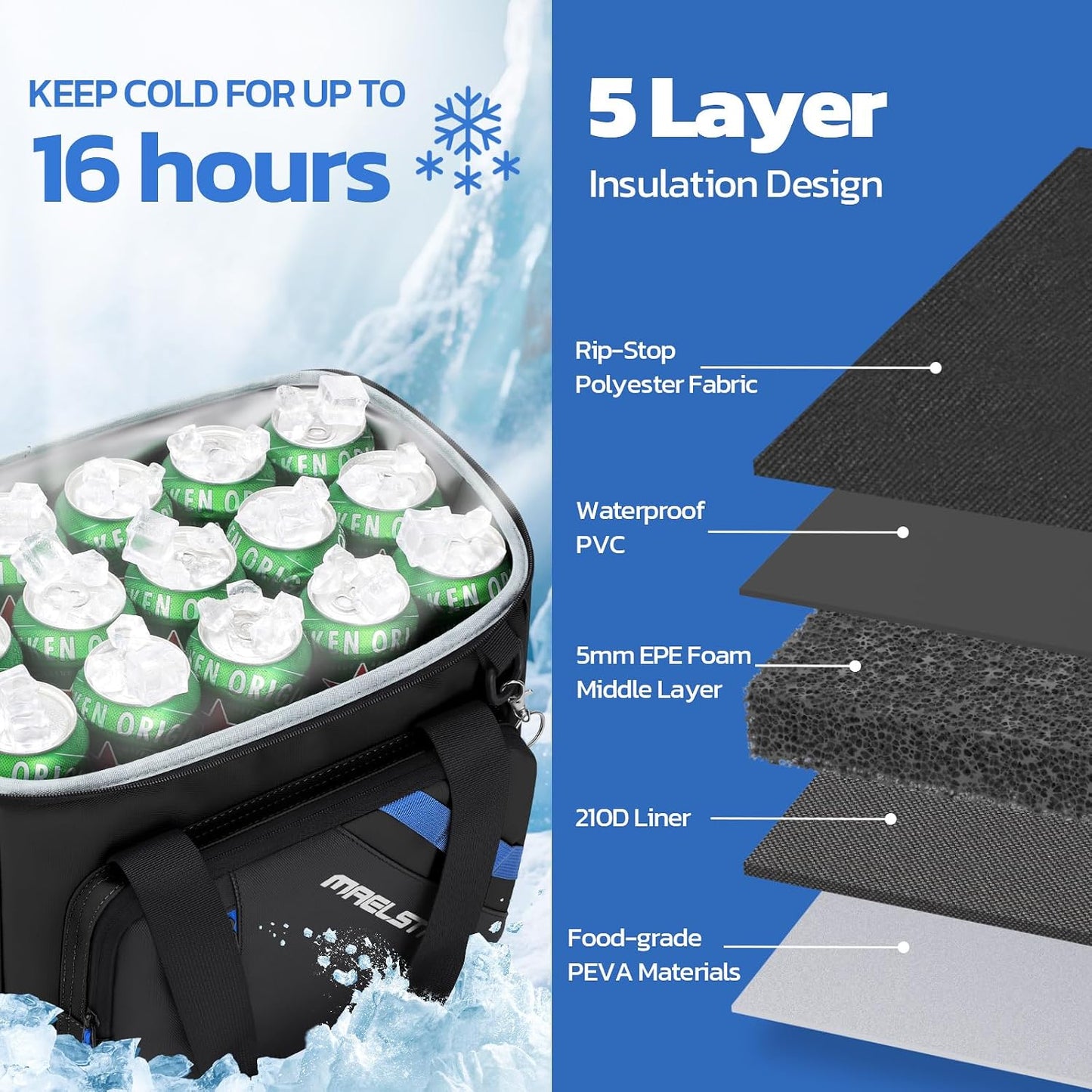 Maelstrom 30 Can Collapsible Soft Cooler Bag with Quick Access Opening | 5-layer Insulation,16h Cold, Leakproof, Waterproof, Multiple Pockets, Bottle Opener, Portable for Beach, Camping, Picnics