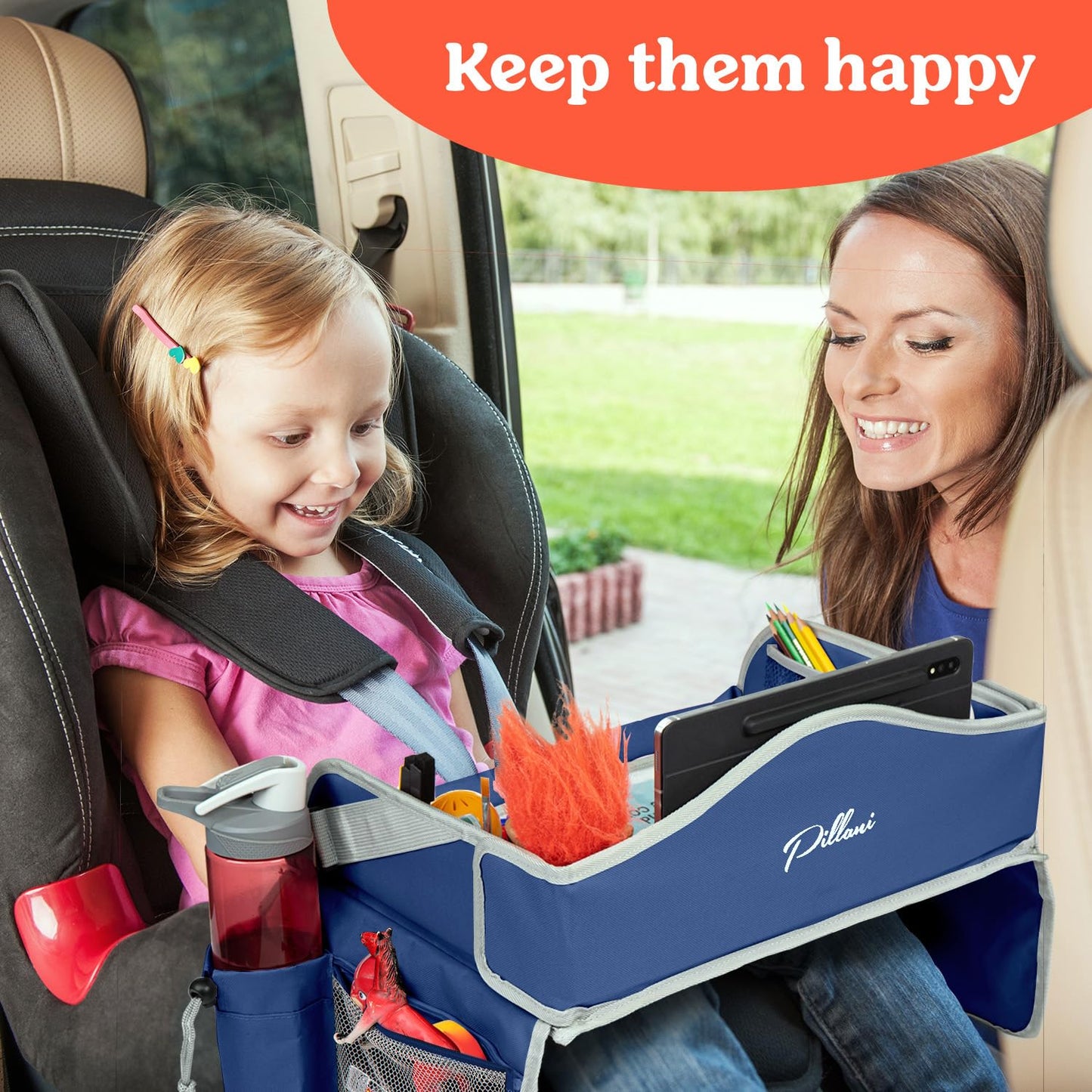 PILLANI Kids Travel Tray for Car - Toddler Travel Essential with iPad Holder & Dry Erase Board - Road Trip Essentials - Carseat Table - Toddler Lap Desk Organizer for Airplane - Kids Travel Essentials