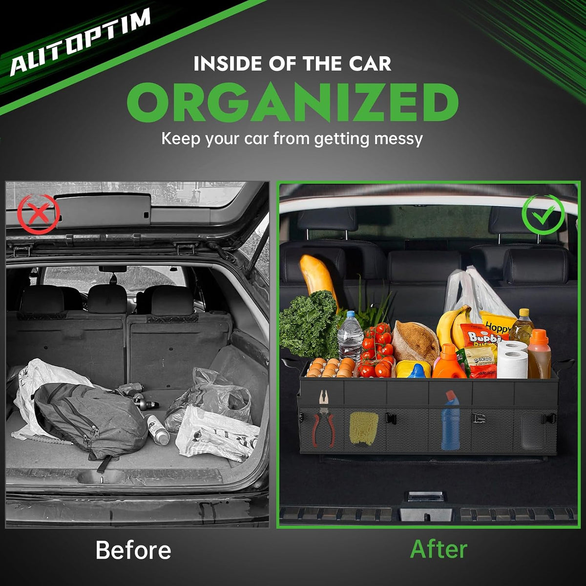 AUTOPTIM Car Trunk Organizer - 85L Collapsible Car Organizer with Non Slip Bottom & Multiple Pockets for Groceries, Trunk Storage with Base Panel for SUV Sedan Van, 3 Compartments (Black, X-Large)