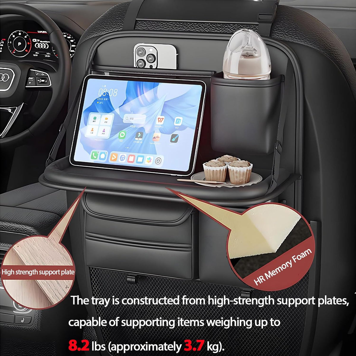 2 Pack Universal Premium Leather Foldable Car Backseat Organizer with Table Tray, Seat Back Protector with Touch Screen Pad Phone Holder, Car Storage Pockets Tissue Box with School Bags Hooks