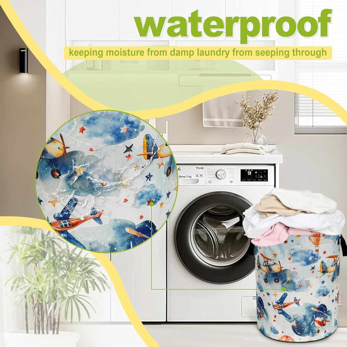 Airplane Clouds Laundry Basket Foldable Waterproof Hamper 18.9 x 16.5 Inch
