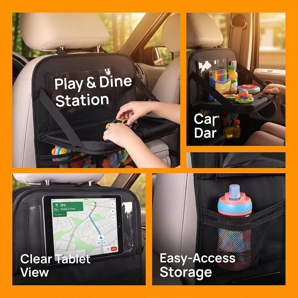 Car Backseat Organizer 1-Pack with Tablet & Storage Tray, Waterproof 600D Oxford Fabric Seat Back Protector, Kick Mats, Adjustable Straps Fit Most Vehicles, Road Trip Essentials for Kids