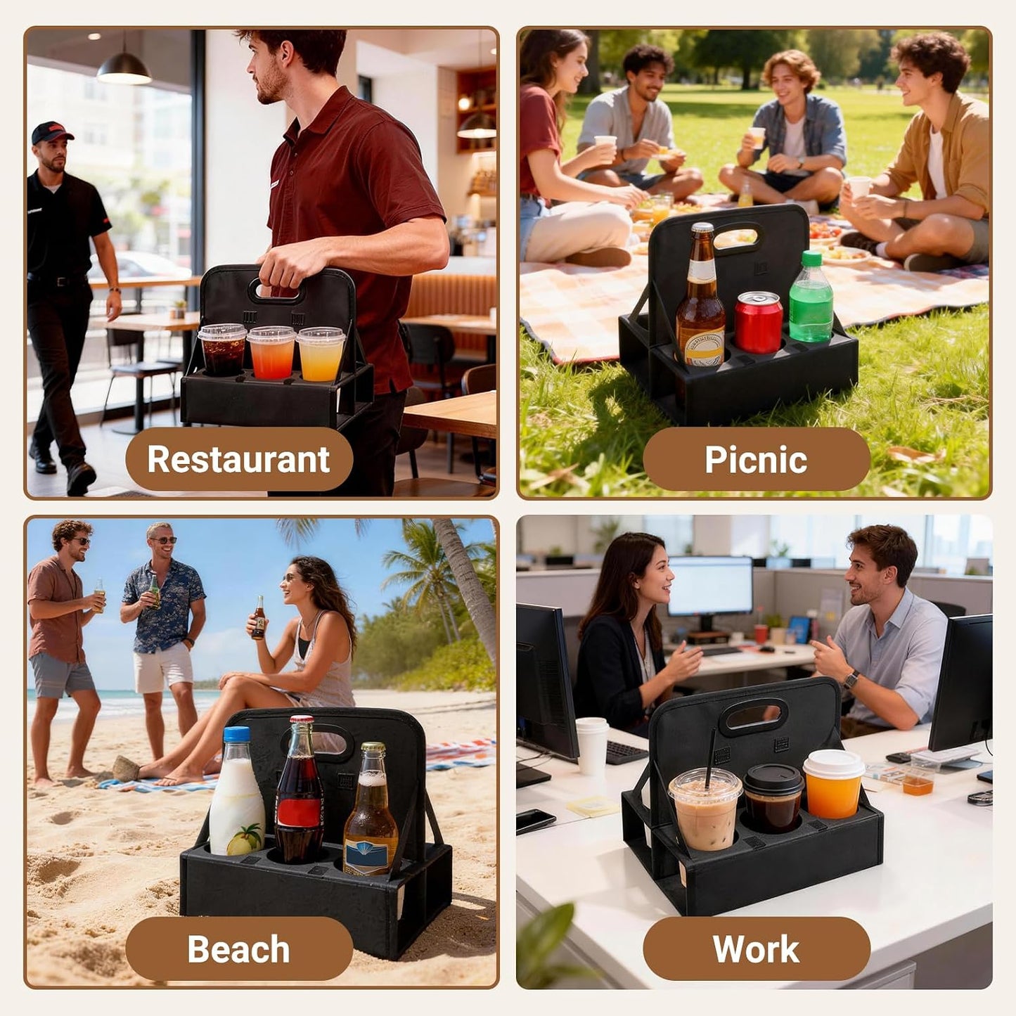 6-Cup Reusable Drink Carrier with Handle – Foldable Drink Caddy for Delivery Drivers,Takeout & Catering,Portable Beverage Holder Bag for Coffee,to-Go Cups,Anti-Spill & Car Floor Safe,Black