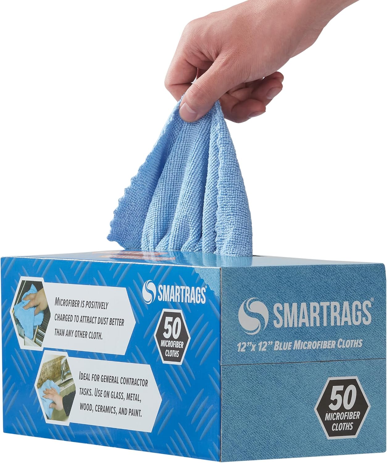 Arkwright Smart Rags Microfiber Cleaning Cloths, Pack of 50 in a Box, Lint Free 180 GSM Reusable Towels for Auto, Office and Household Cleaning, 12 x 12 in, Blue