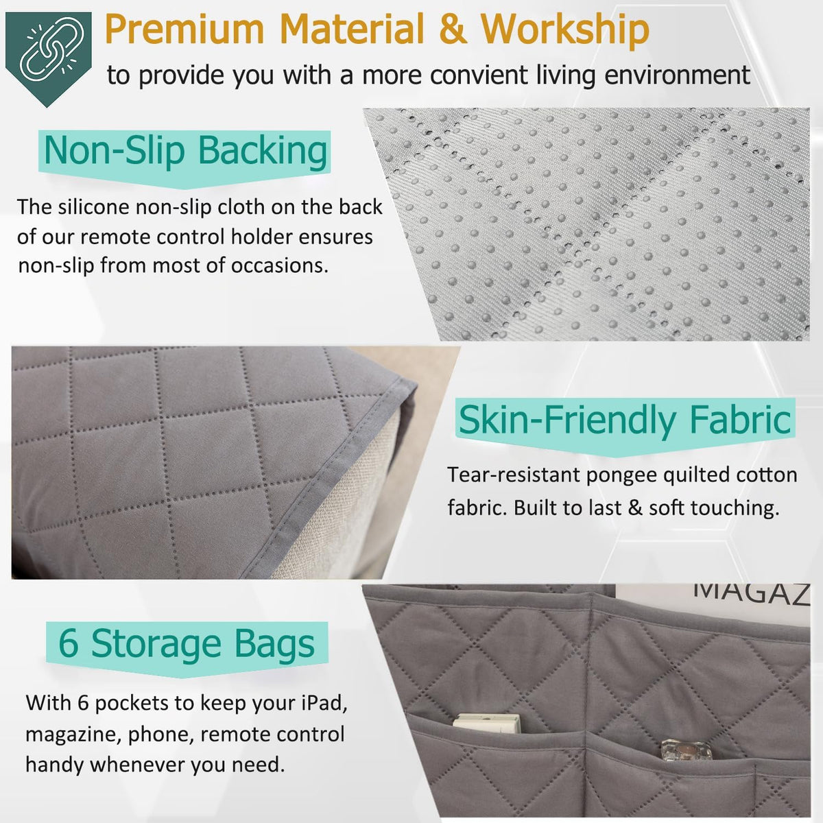 Remote Control Holder for Recliner Non-Slip Armchair Caddy Couch Armrest Organizer, Arm Chair Bedside Caddy Storage Organizer for Recliner Couch With 6 Pockets for Magazine, Tablet, Phone, iPad (Grey)