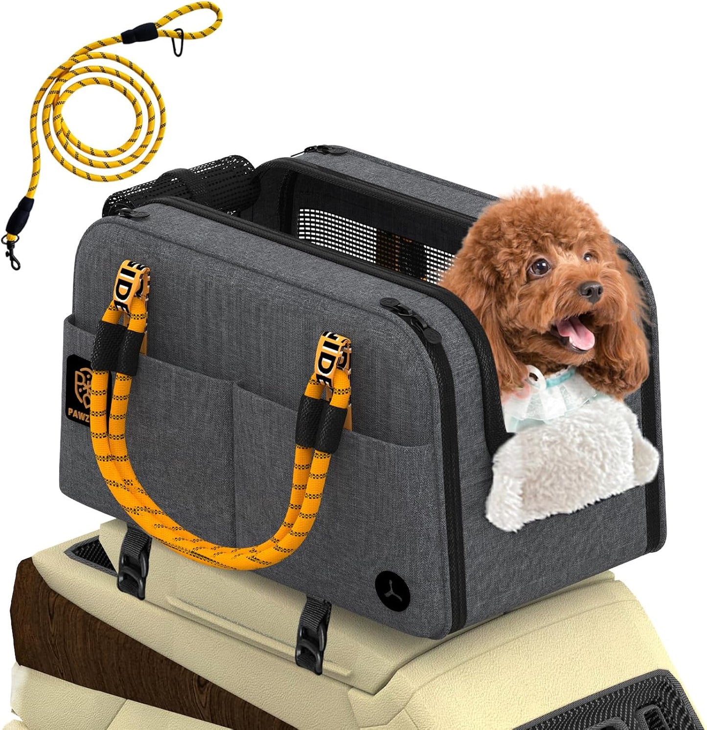 PAWZIDEA Center Console Dog Car Seat, Enclosed Small Dog Armrest Booster Carseat, Secure Straps &Anti Slip, Portable TSA Approved Puppy Pet Carrier Soft-Sided, Removable Pillow Storage Pocket, up 12lb