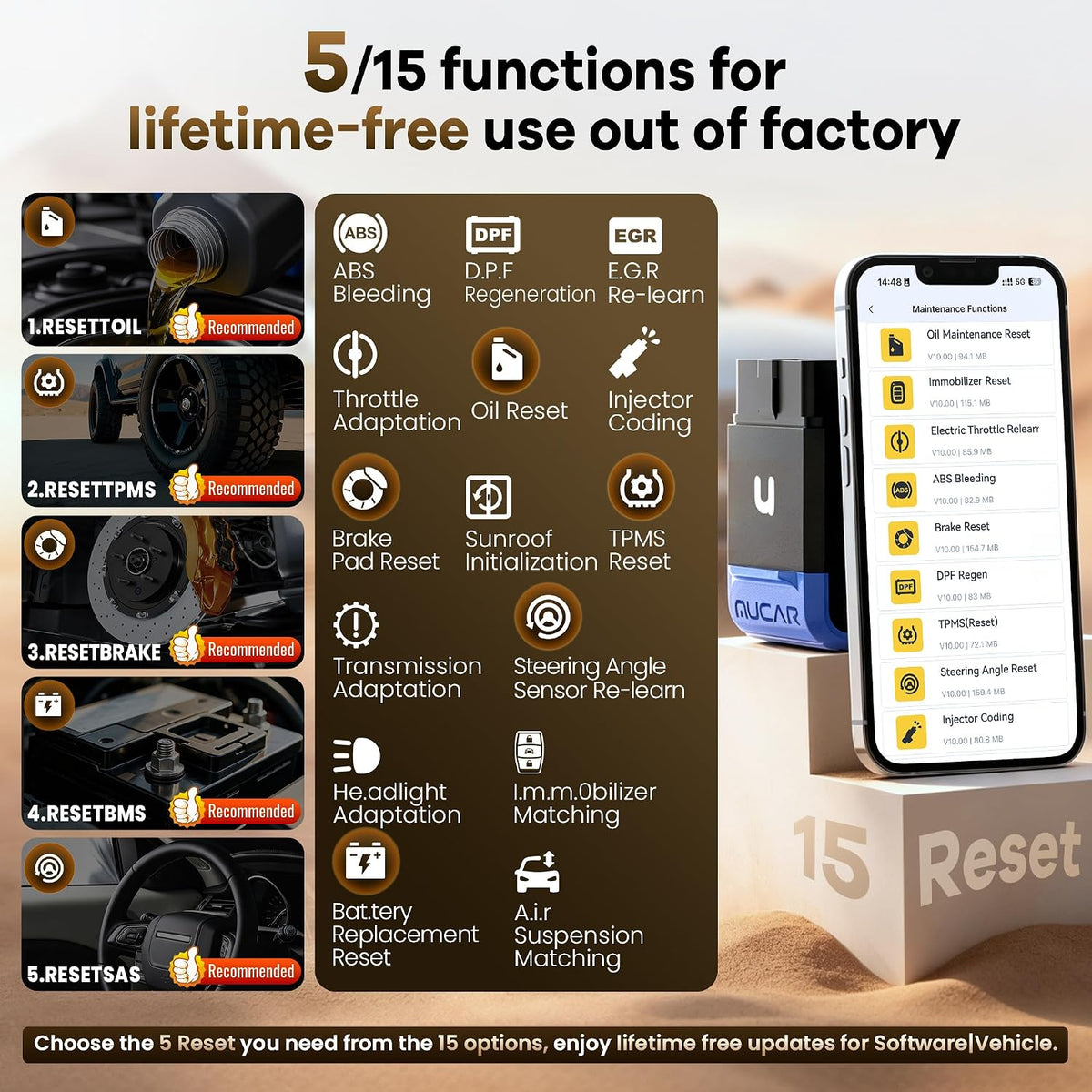 MUCAR BT200 Smart AI-Assisted OBD2 Scanner Bluetooth, OIL TPMS BRAKE BMS SAS Reset with Engine/TMS/ABS/SRS System for iOS & Android, Vehicle Health Check, Smog Check, Active Test, Lifetime Free Update