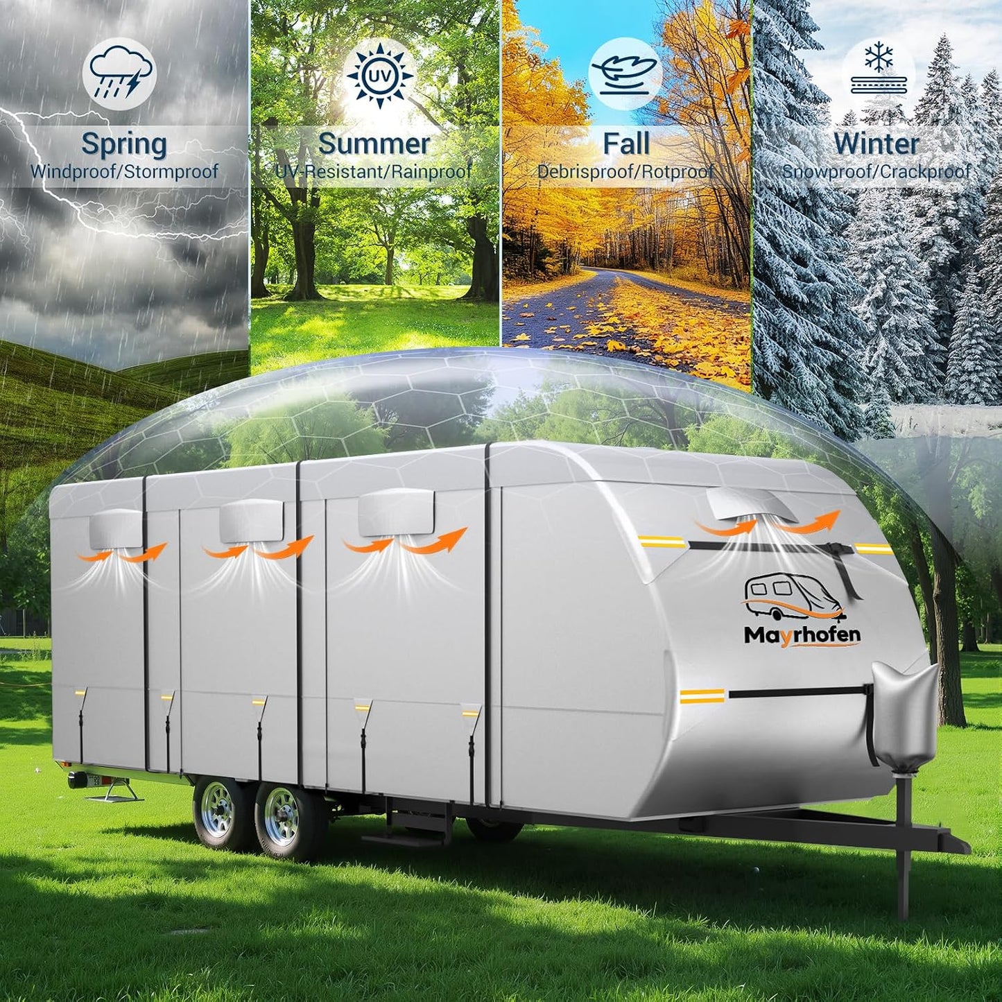 600D Oxford Fabric RV Cover 18-20ft Travel Trailer Cover, 6 Layers Waterproof Rip-Resistant Anti-UV Motorhome Camper Cover with Tongue Jack Protection, Tire Covers, Windproof Straps