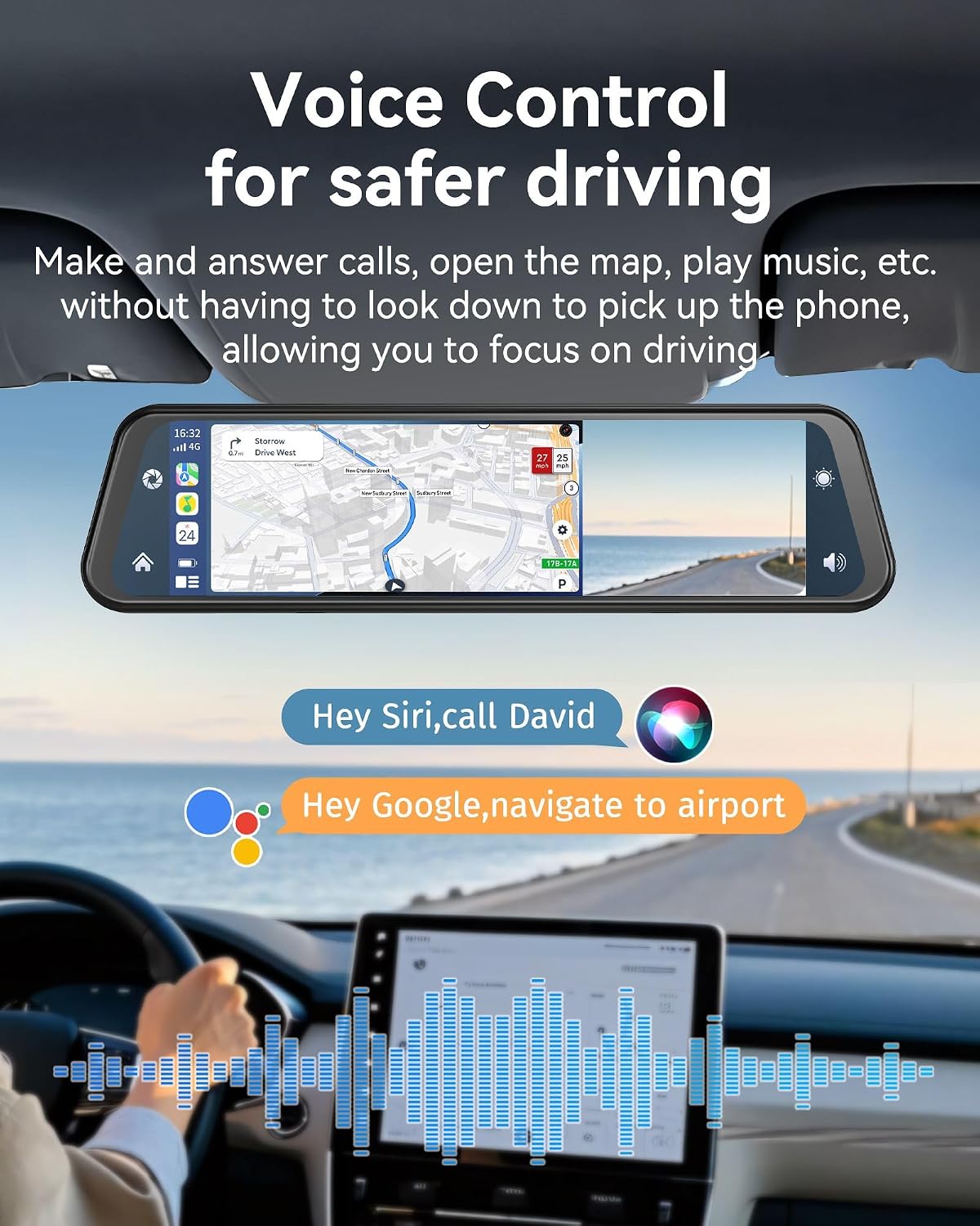 4K Rear View Mirror Camera with Carplay&Android Auto 12" Mirror Dash Cam
