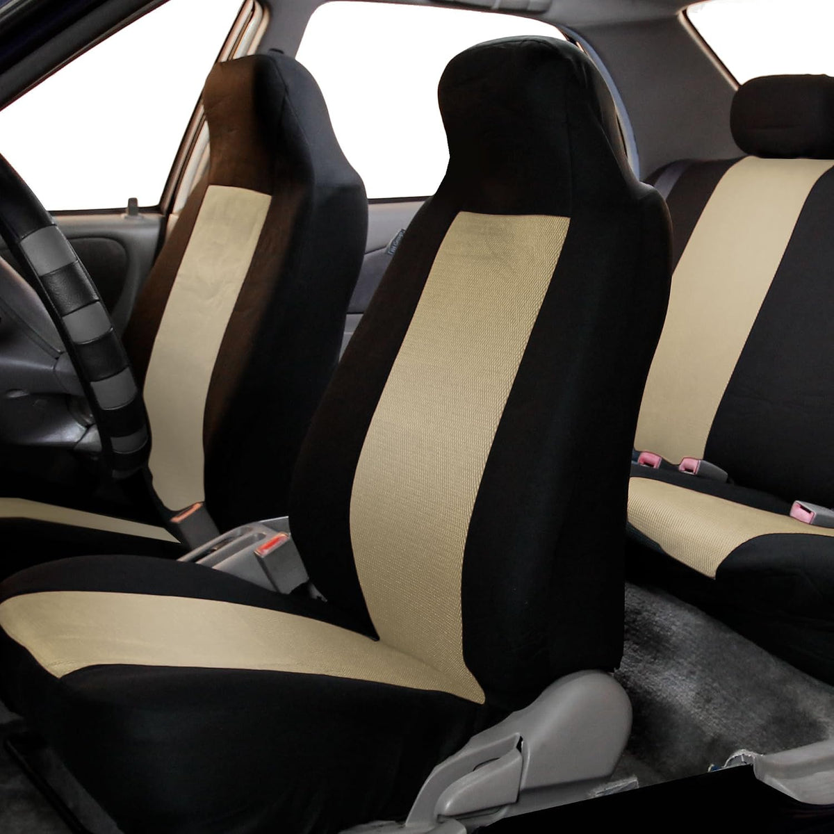 FH Group 3D Air Mesh Car Seat Covers Front Set – Universal Fit Automotive Seat Protectors, Washable Low Back Bucket Seat Covers for SUV, Sedan, Car Accessories, Beige/Black