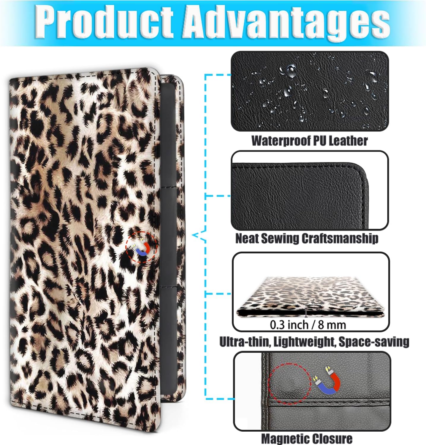 Car Document Holder with Magnetic Shut, PU Leather Car Registration & Insurance Card Holder for Driver License, Cards & Essential Documents, Vehicle Glove Box Organizer, Leopard Cheetah Print