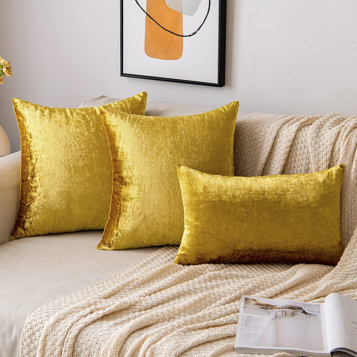 EMEMA Fall Bright Gold Velvet Throw Pillow Covers 16x16 Inch Set of 2 Decorative Square Pillowcase Soft Solid Cushion Case for Couch Sofa Bedroom Livingroom