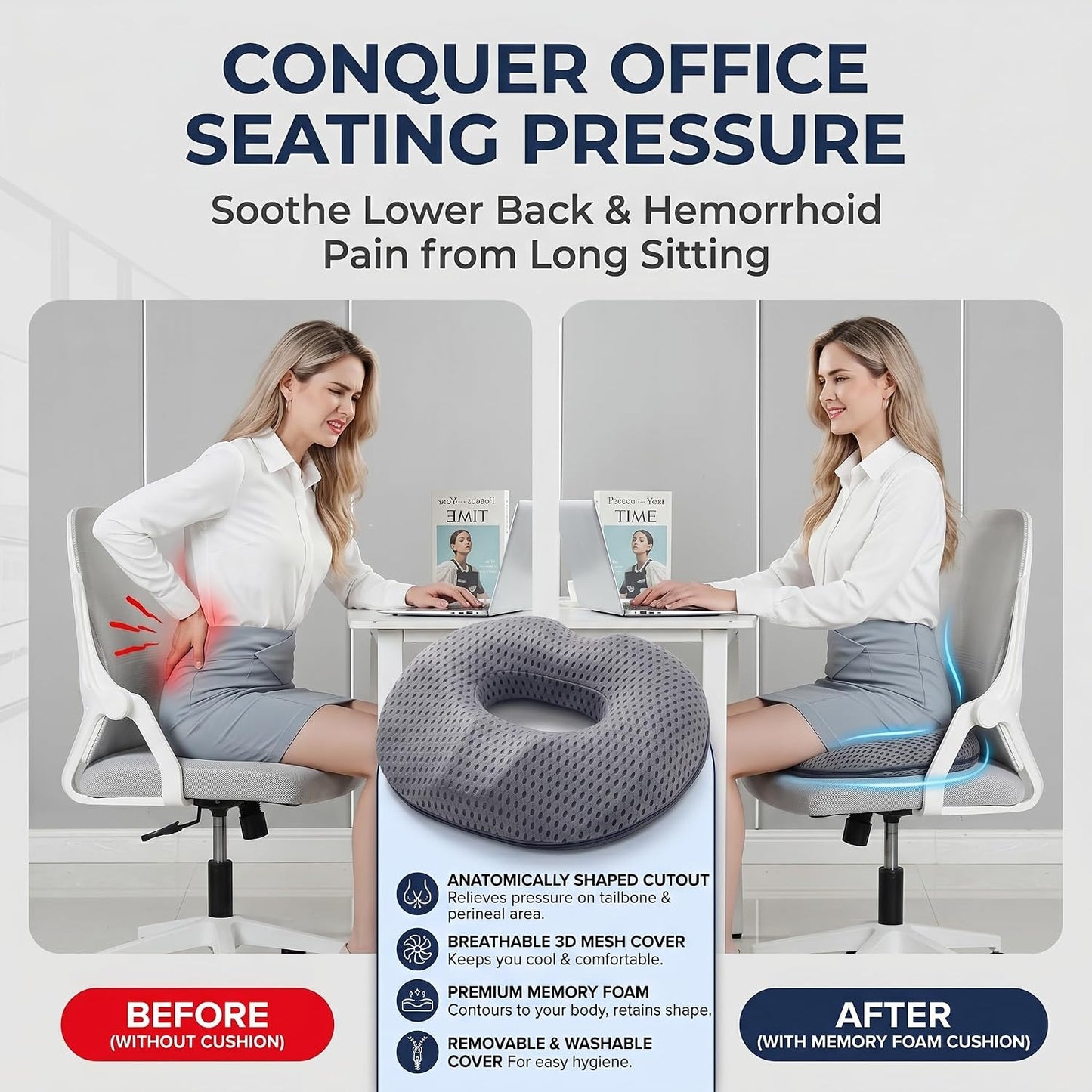 Circular Memory Foam Seat Cushion, Tailbone Pressure Relief Pillow for Office Chair Car Wheelchair, Breathable Mesh Comfort Pad for Daily Sitting Support (Grey)