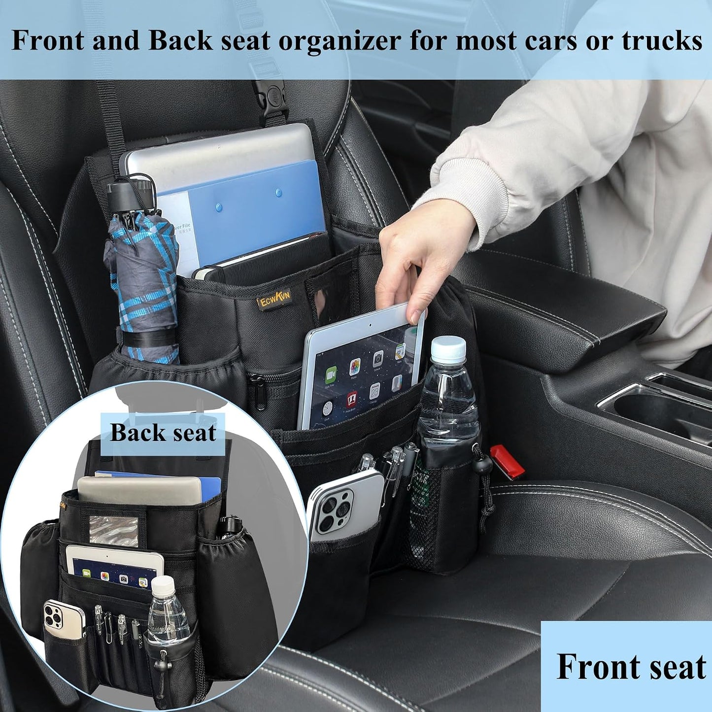 ECWKVN Car Front Seat Organizer - Car File Organizer, Passenger Seat Storage Bag Law Enforcement - Vehicle Storage with Dedicated Laptop Tablet Holder Cup Holder, Black