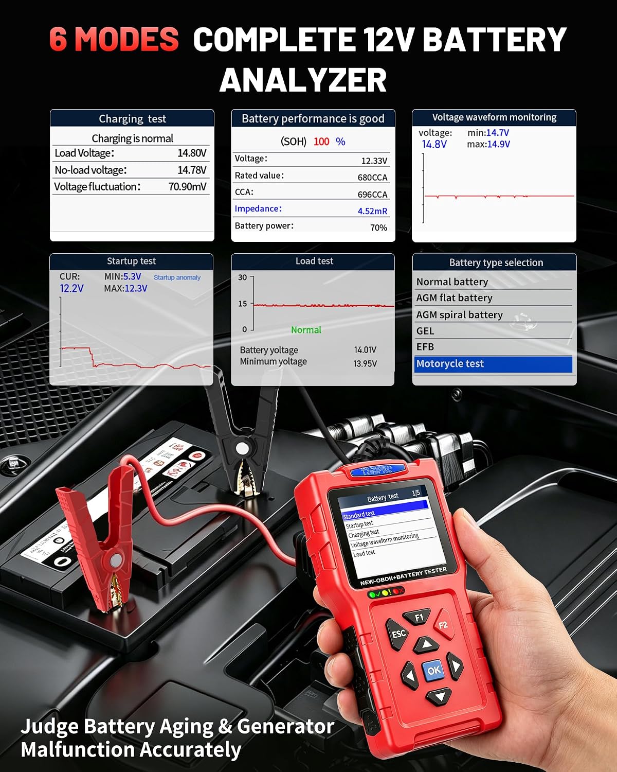OBD2 Scanner and Battery Tester, 3-in-1 Car Code Reader with Cranking Test