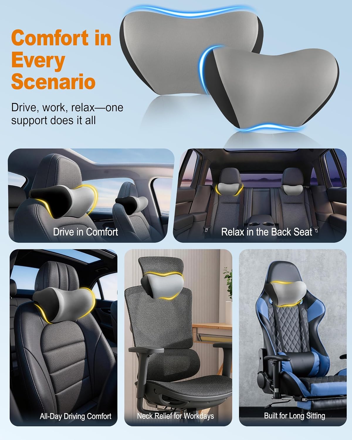 Allaboutsla 2-Pack Car Neck Pillow, Car Headrest Pillow for Neck Support | Memory Foam Car Neck Pillow for Driving with Neck Support, Adjustable Strap, Head Rest Pillow for Drives, Trucks, Gray&Black