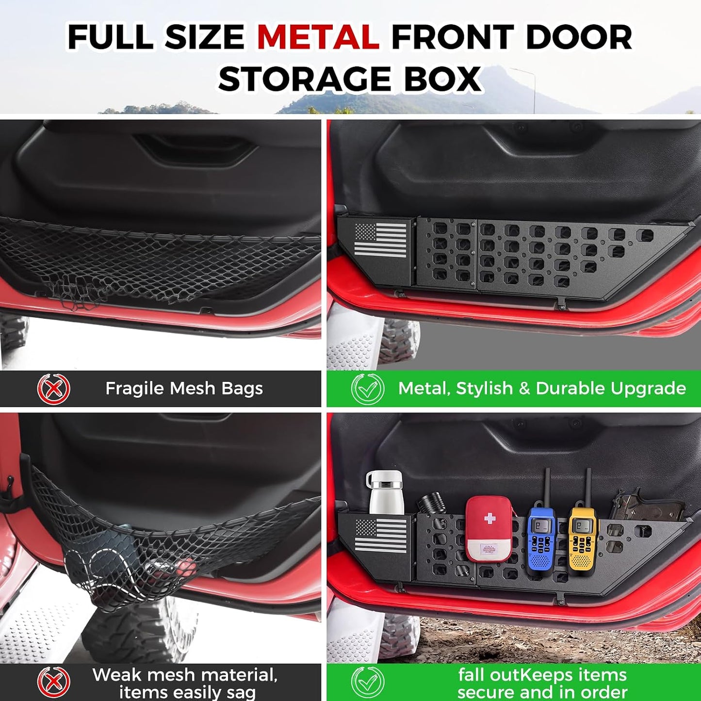 DIAMOOKY Metal Front Door Pocket Storage Box for Jeep Wrangler JL JLU 4XE 2018-2026 & Gladiator JT 2020-2025 2026 Accessories Adjustable Door Storage Organizer Molle Panels (Not for Power Seats), 2PCS