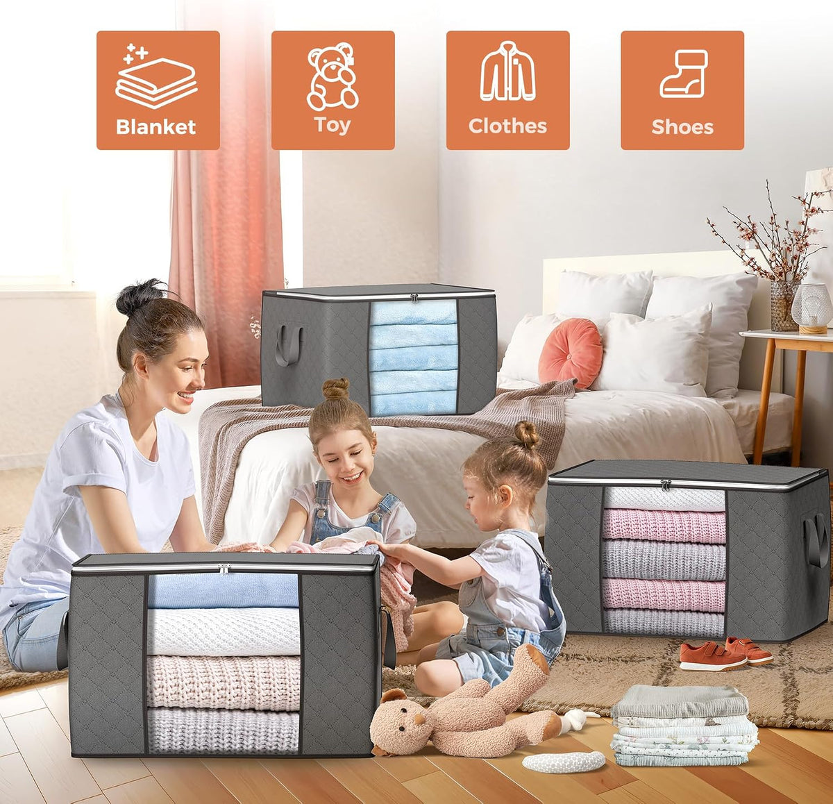 90L Large Storage Bags, 3 Pack Clothes Storage Bins Closet Organizers