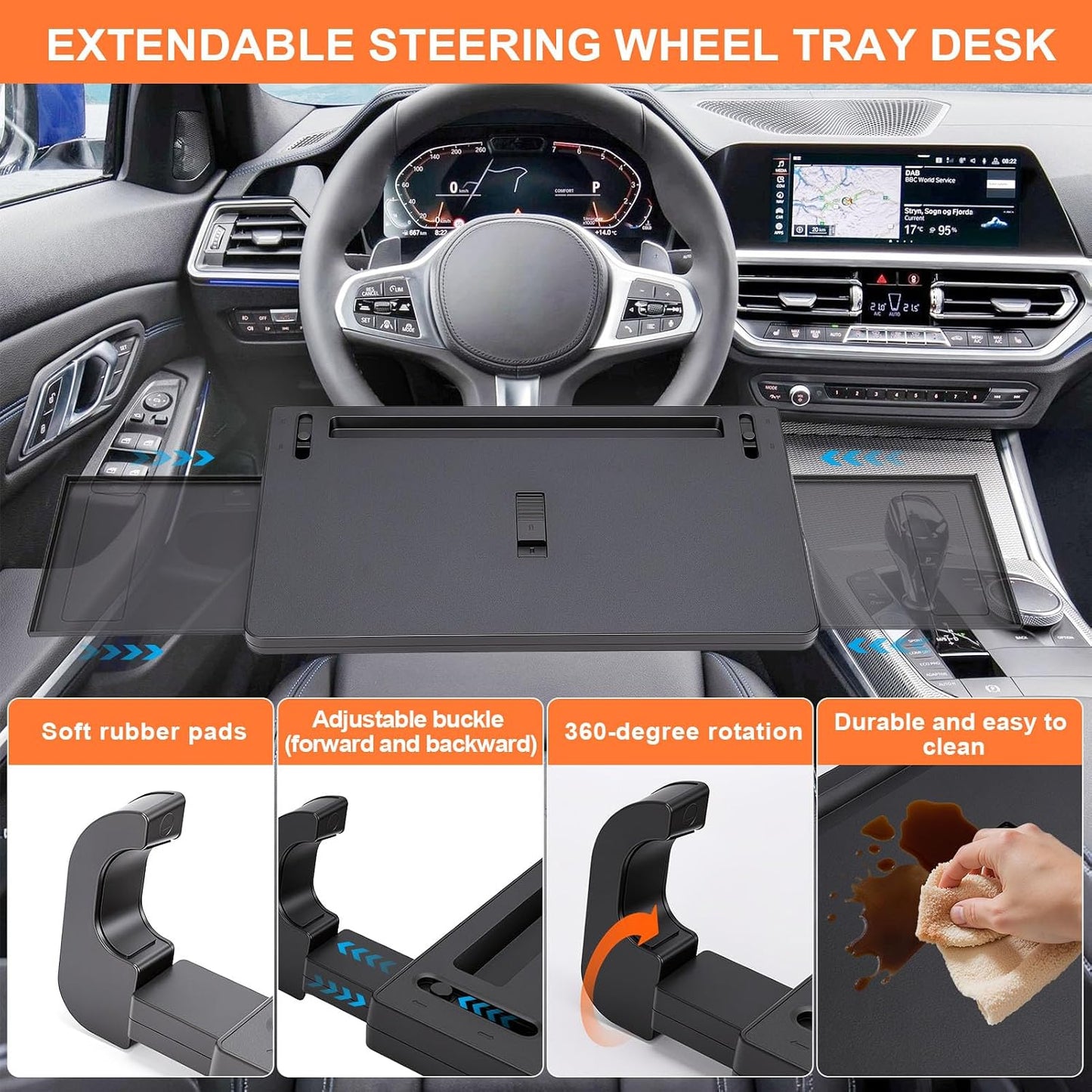 Extendable Steering Wheel Tray, Adjustable Car Desk for Laptop and Tablet, Car Food Tray with Expandable Side Panels and Locking Clip Support for Eating, Working