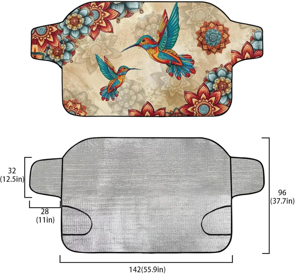 Boho Mandala Hummingbird Print Windshield Snow Cover for Cars, Auto Windscreen Covers Car Winter Ice Sunshade Protector Includes Anti-Theft Straps Fits Most Trucks, Vans, SUVs