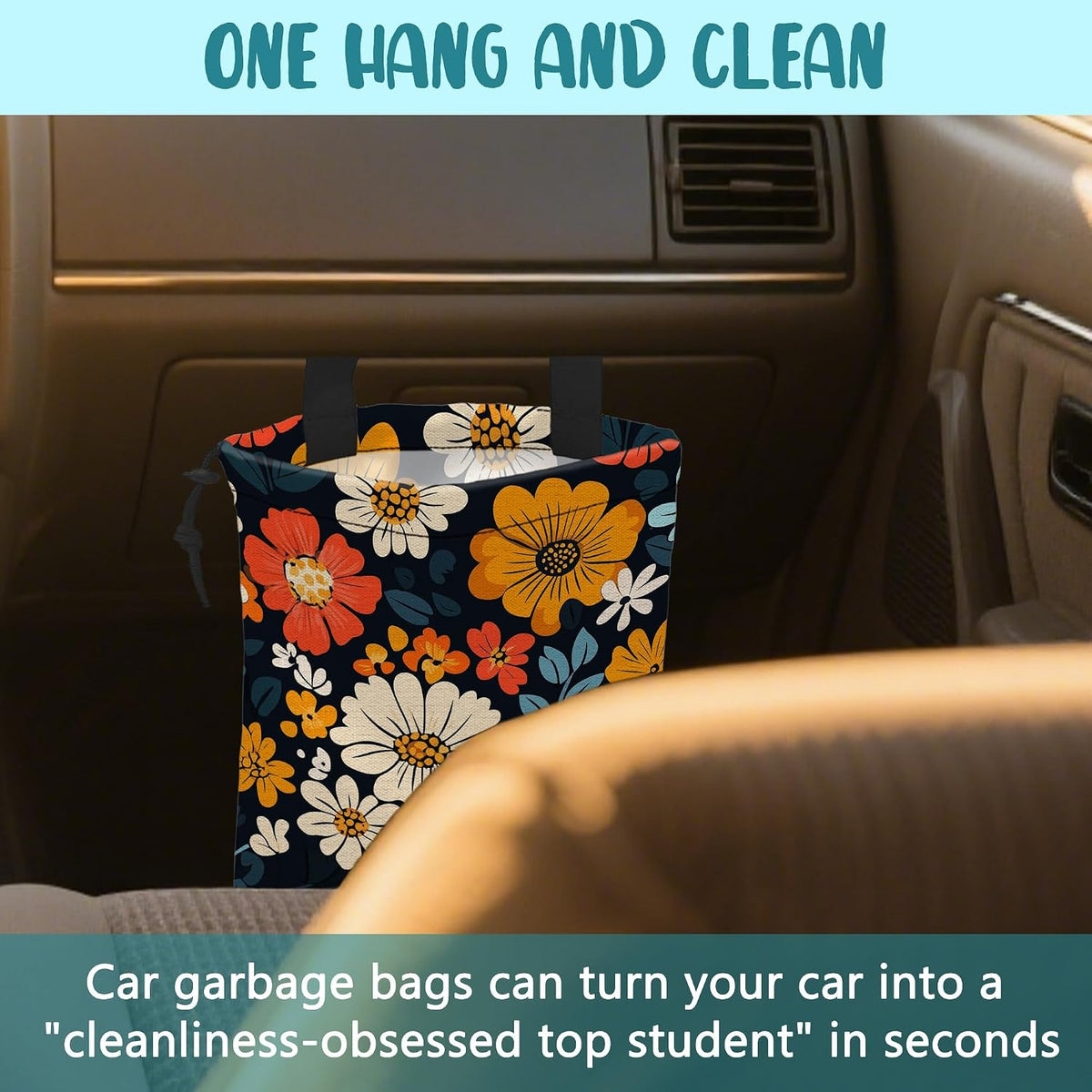 Car Garbage Bag Abstract Floral and Green Leaves Hanging Canvas Car Trash Bag Drawstring Car Back Seat Organizer for Car Back Front Seat Console with Adjustable Buckle