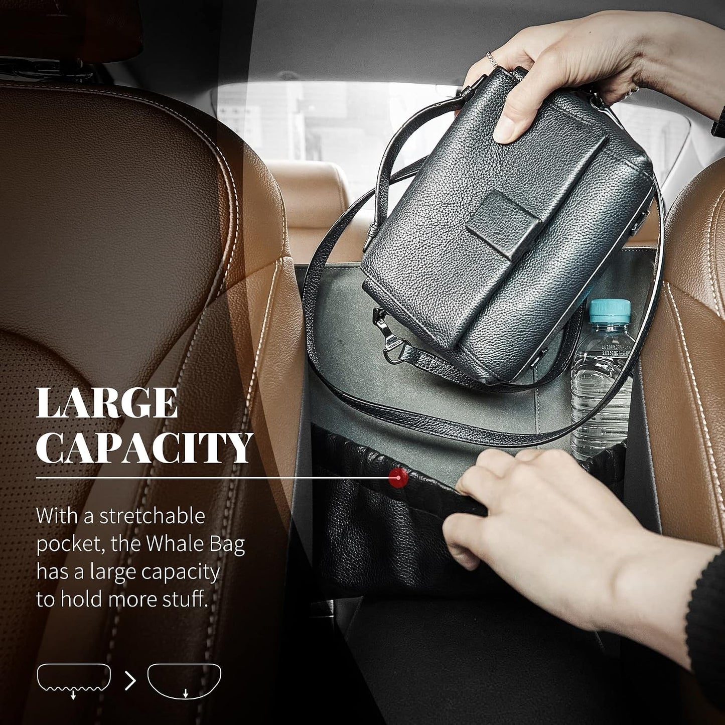 Premium Purse Holder for Car – 1 Compartment Midsize Front Seat Storage Barrier – Elegant Faux Leather & artificial Fur Car Handbag Holder – Automotive Consoles & Organizers