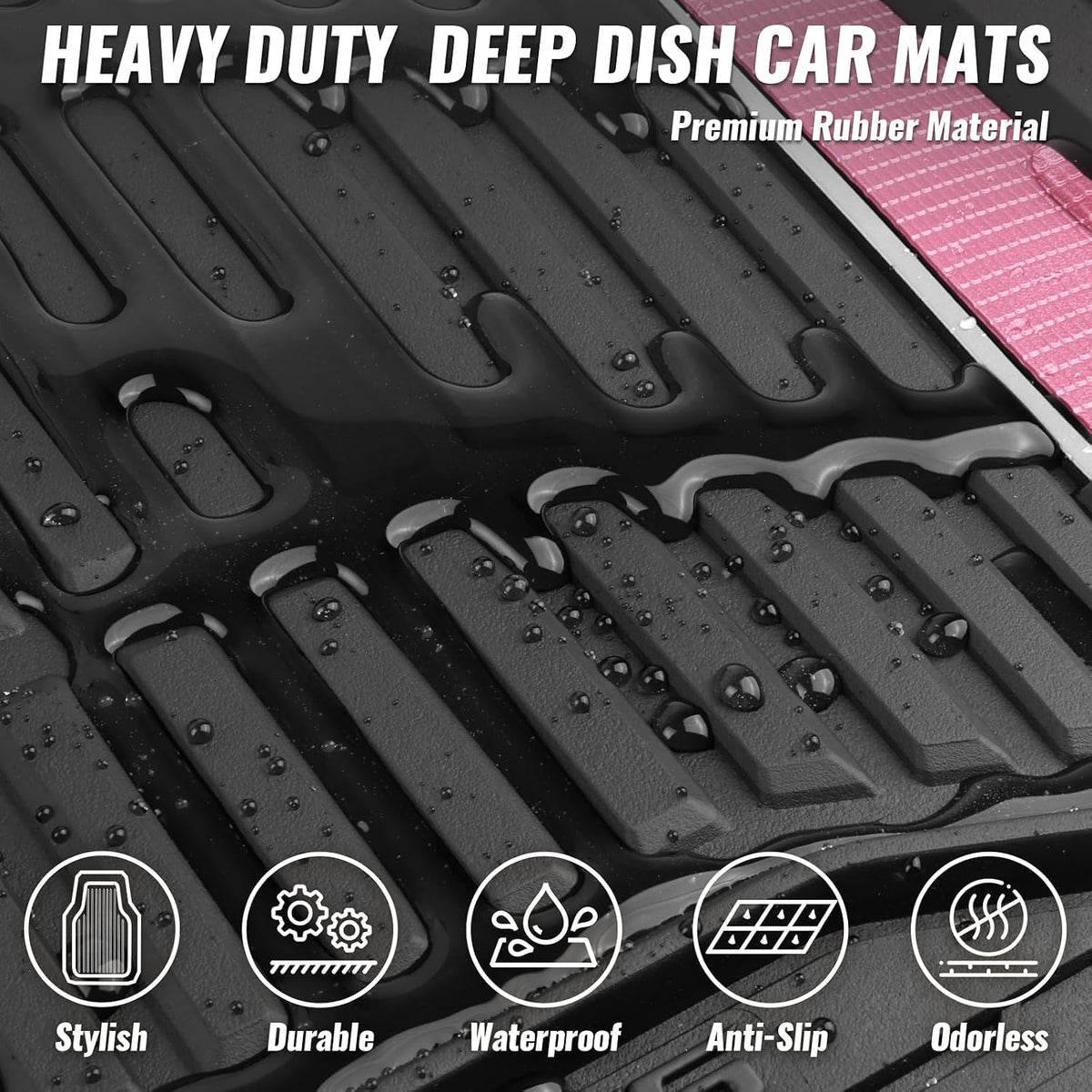 CAR PASS Heavy Duty Rubber Car Floor Mats, Deep Waterproof Car Floor Mats All Weather, Aluminum Film Floor Mats for Cars Non-Slip Universal Trim to Fit for SUVs Trucks Sedans Vans, Black Pink Metallic
