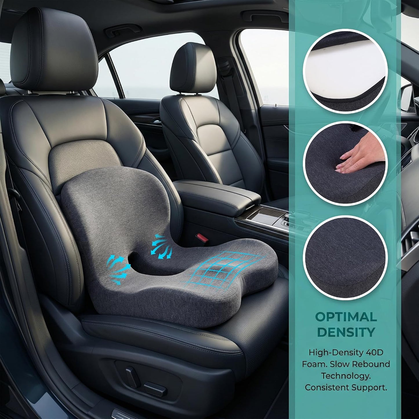 Memory Foam Car Seat Cushion – Ergonomic Driver Seat Cushion for Sciatica & Tailbone Pain, Breathable Non-Slip Car Seat Pad with Lumbar Support for Car, Truck, SUV, Office Chair