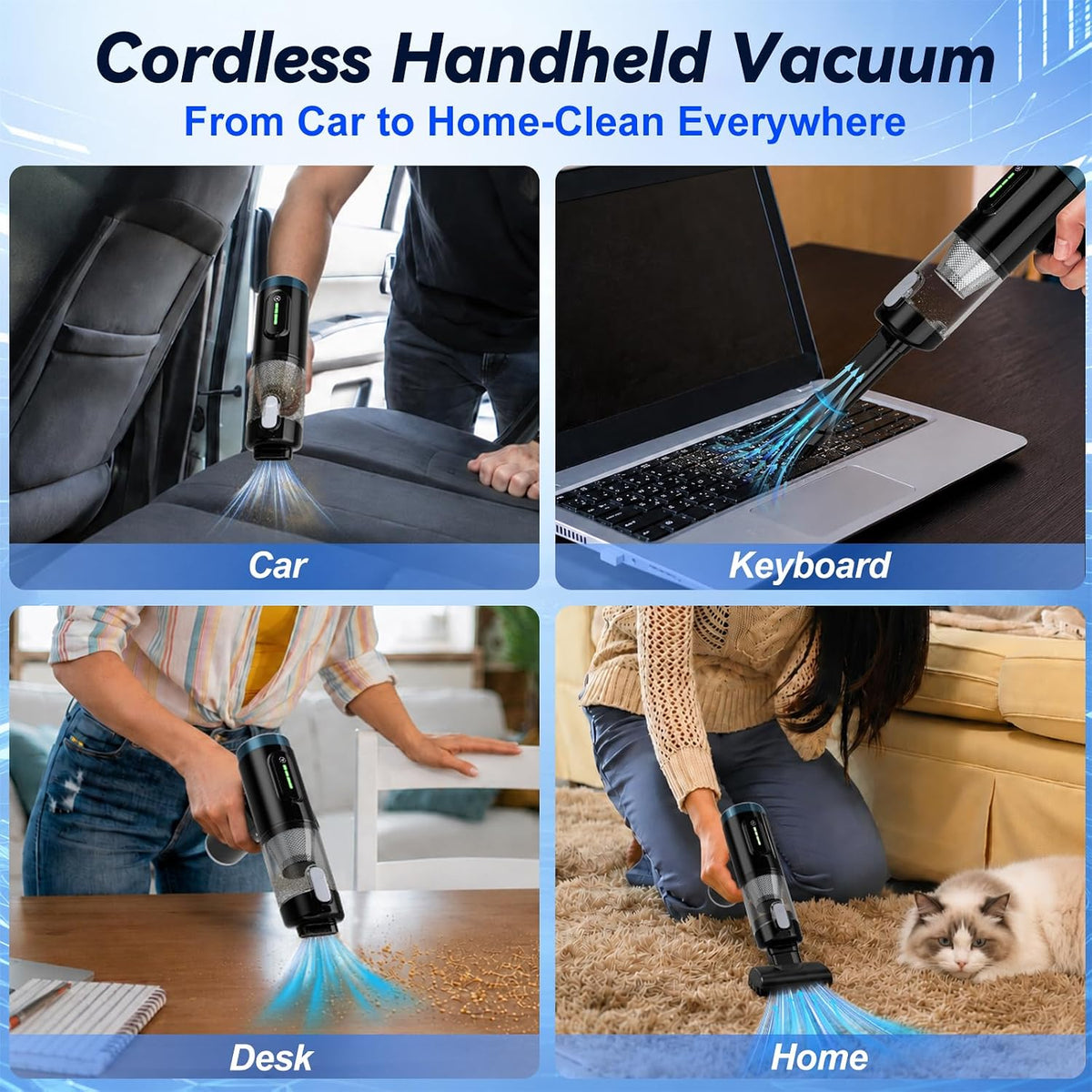 Handheld Car Vacuum Cordless, Foldable 20000Pa Portable Vacuum Cleaner with with Vacuum & Blower, Rechargeable with LED Display, USB-C Charging, Washable HEPA Filter for Car, Truck, SUV & Home