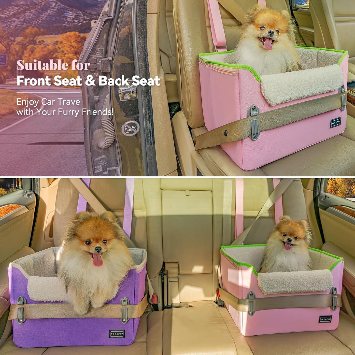 PETSFIT Small Dog Car Seat – Patented Safety Buckles – Safety Tether – Foldable Travel Cat Car Seat Reduces Anxiety & Road Trips – Stable Frame, Soft Cushion, Fits Front/Back Seat (Pink)