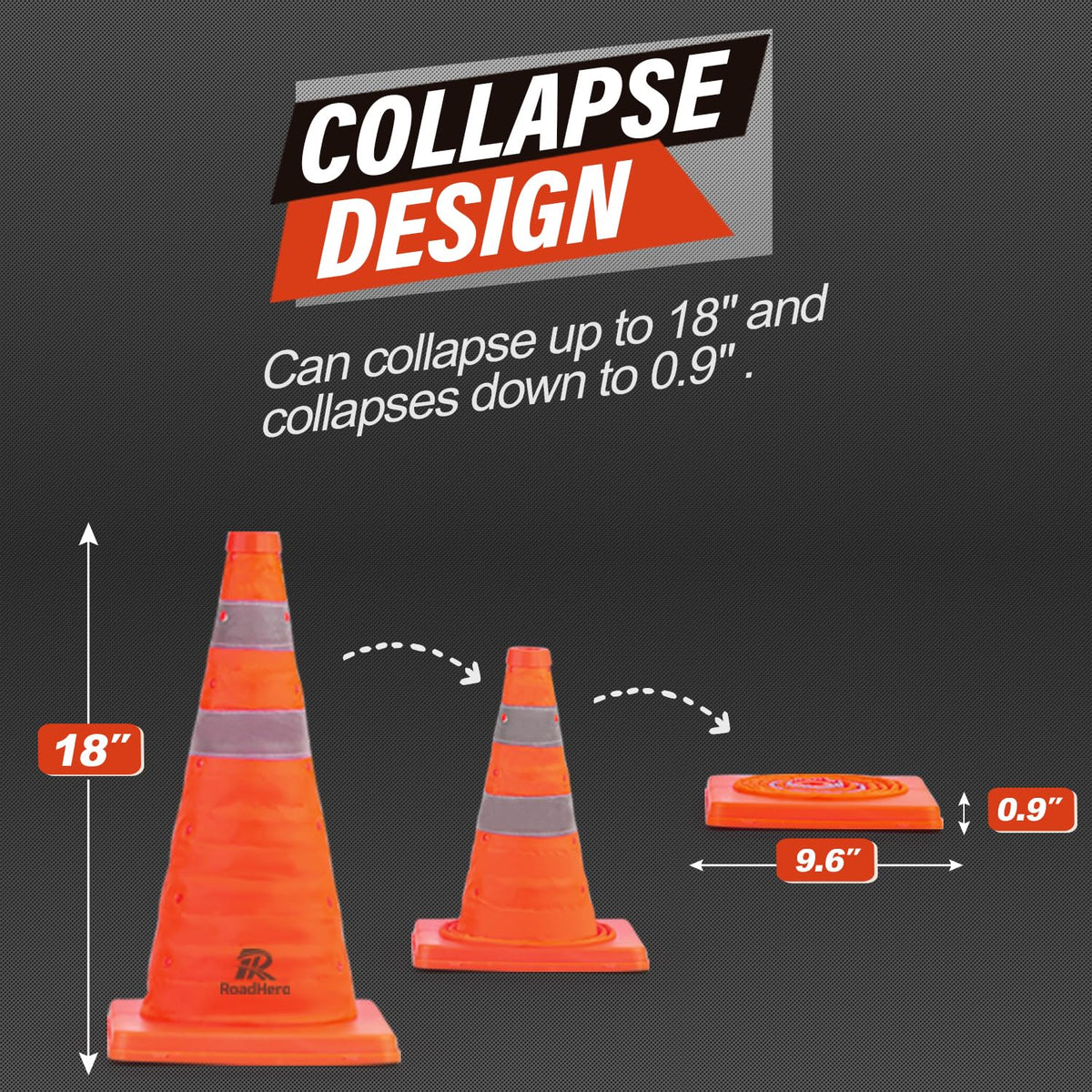 RoadHero 18 Inch 4 Pack Collapsible Traffic Safety Cones with Bag, Orange