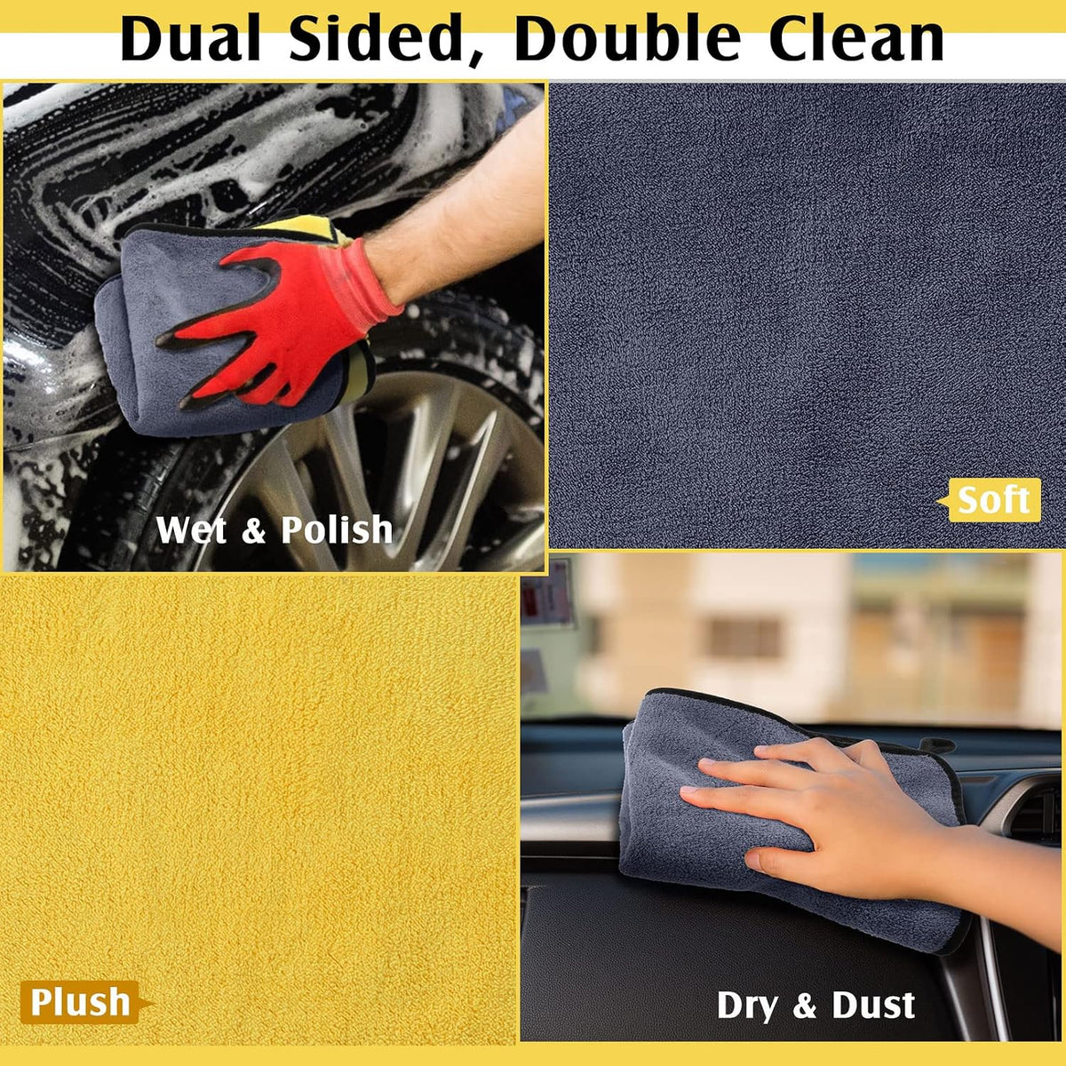 20 Pcs Microfiber Car Drying Towels 800 Gsm Thick Plush, Grey and Yellow