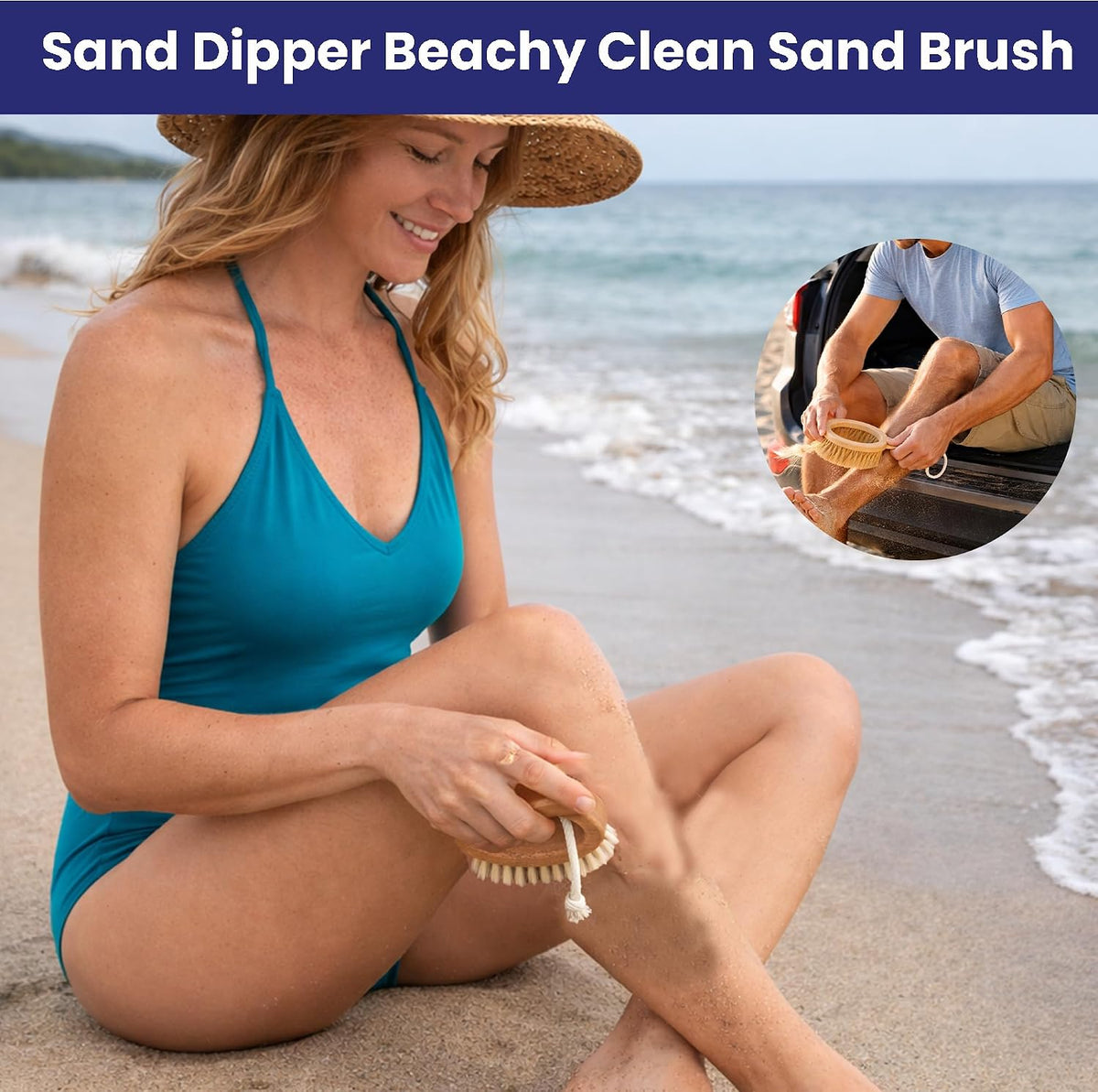 Sand Dipper Beachy Clean Sand Brush – Ergonomic Oval Grip Handle, Removes Sand from Feet, Gear, Pets & Car Mats – Beach, Camping & Travel Essential