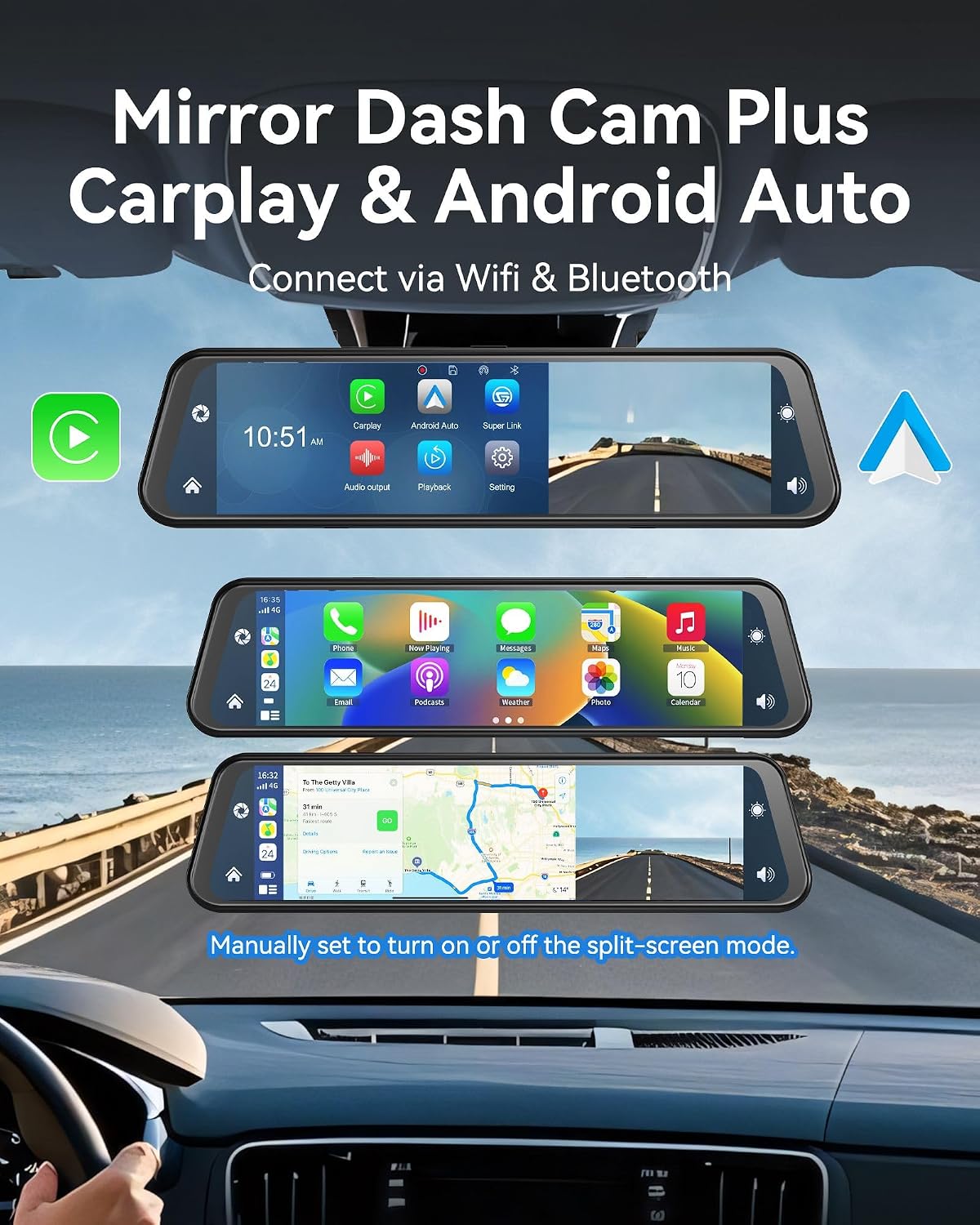 4K Rear View Mirror Camera with Carplay&Android Auto 12" Mirror Dash Cam