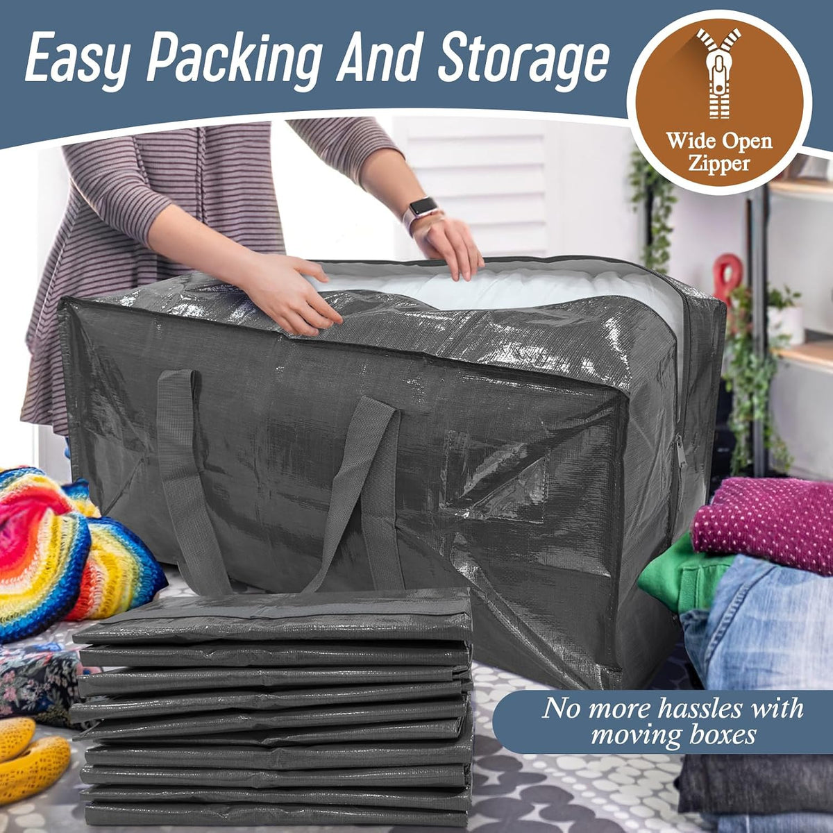 12 Pack Extra Heavy Duty Large Moving Bags with Strong Zipper, Gray