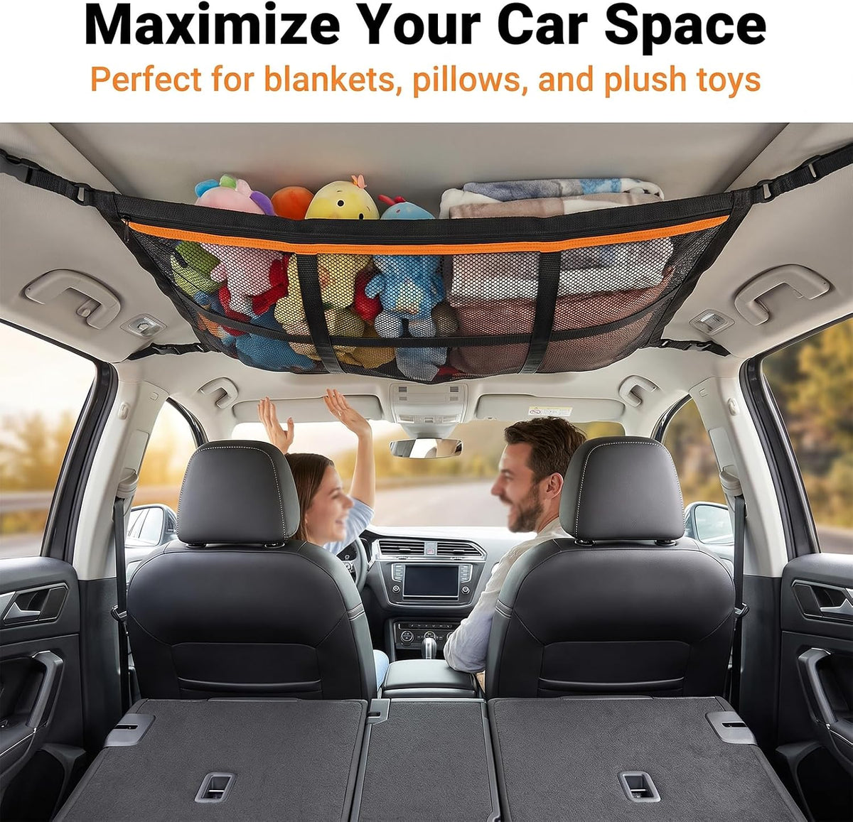 Double-Layer Car Ceiling Cargo Net, 31.5"x21" Heavy Load Car Roof Storage Organizer, Heavy Duty Roof Mesh, Fit for SUV Van Camping Road Trips, Van Life Essentials (Black)