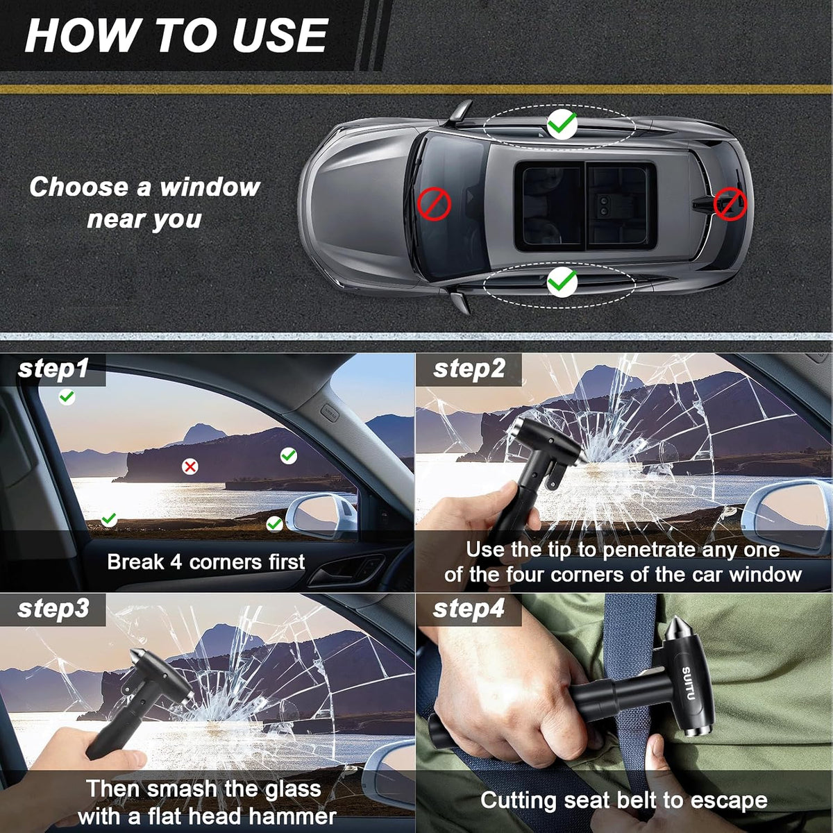 Longzhuo Car Window Breaker Tool with Seatbelt Cutter, Carbon Steel Window Breaker Seatbelt Cutter, 3-in-1 Automotive Safety Hammer for Auto Accidents, Essential for Emergency Car Kit