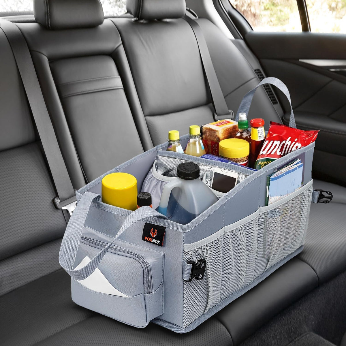 FoxBox Car Seat and Trunk Organizer, Front or Back Seat Storage - SUV Passenger Floor, Under or Between Seats Organization, Car Gifts for Men and Women (Grey)