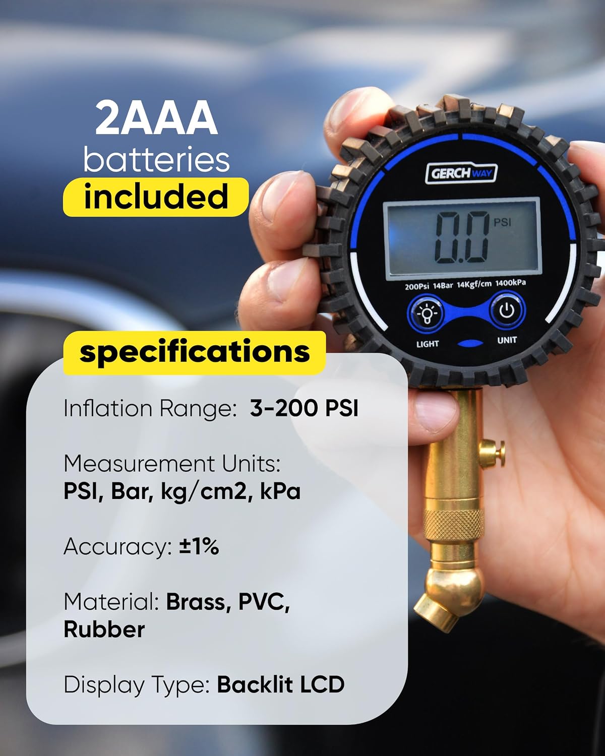 GERCHWAY Digital Tire Pressure Gauge for Cars — 200 PSI