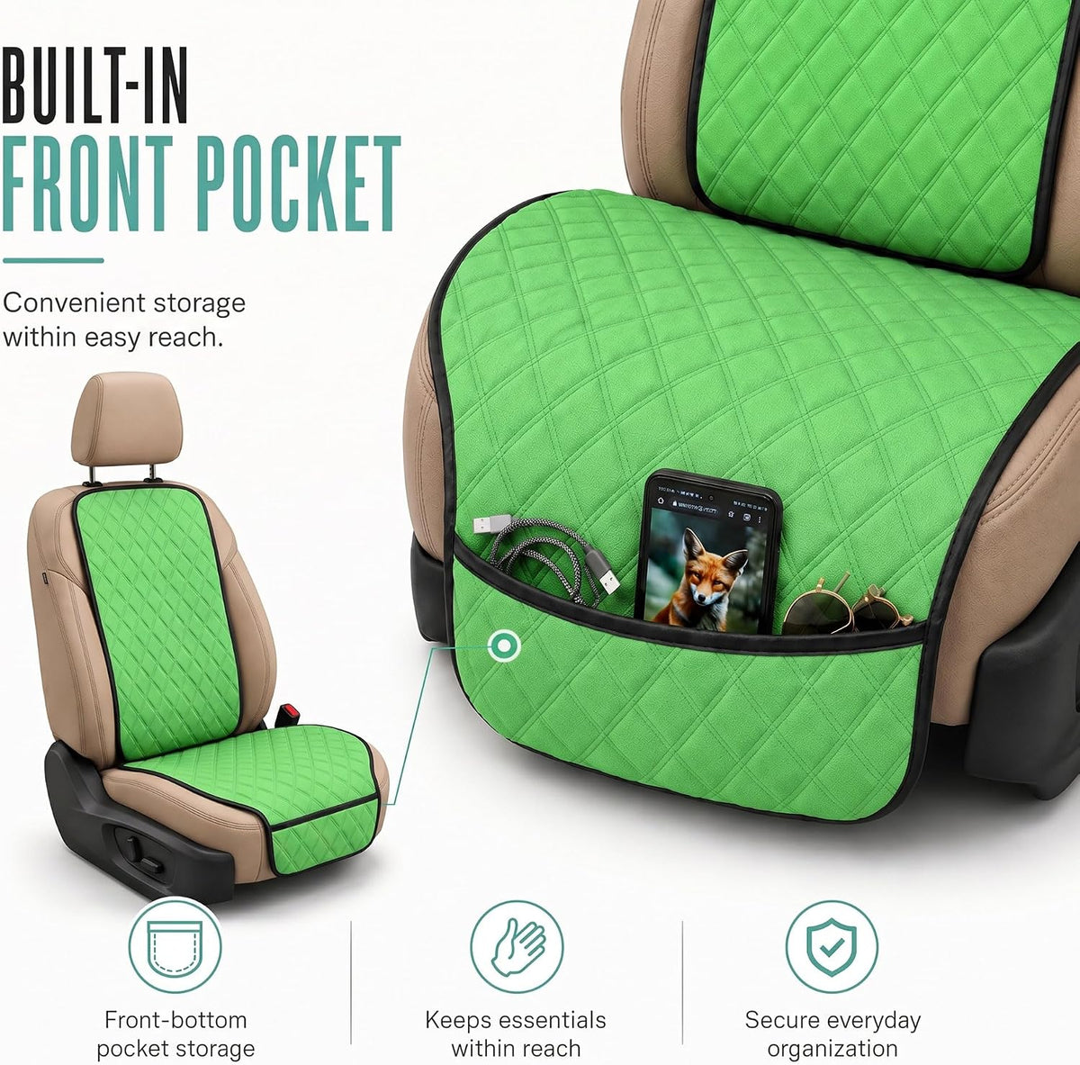 FH Group Car Seat Cushion – Neosupreme Single Front Seat Cover with Front Pockets, Airbag Compatible, Universal Fit Car Seat Cushion for Driver or Passenger Seat, SUV, Truck, Sedan & Van – Green